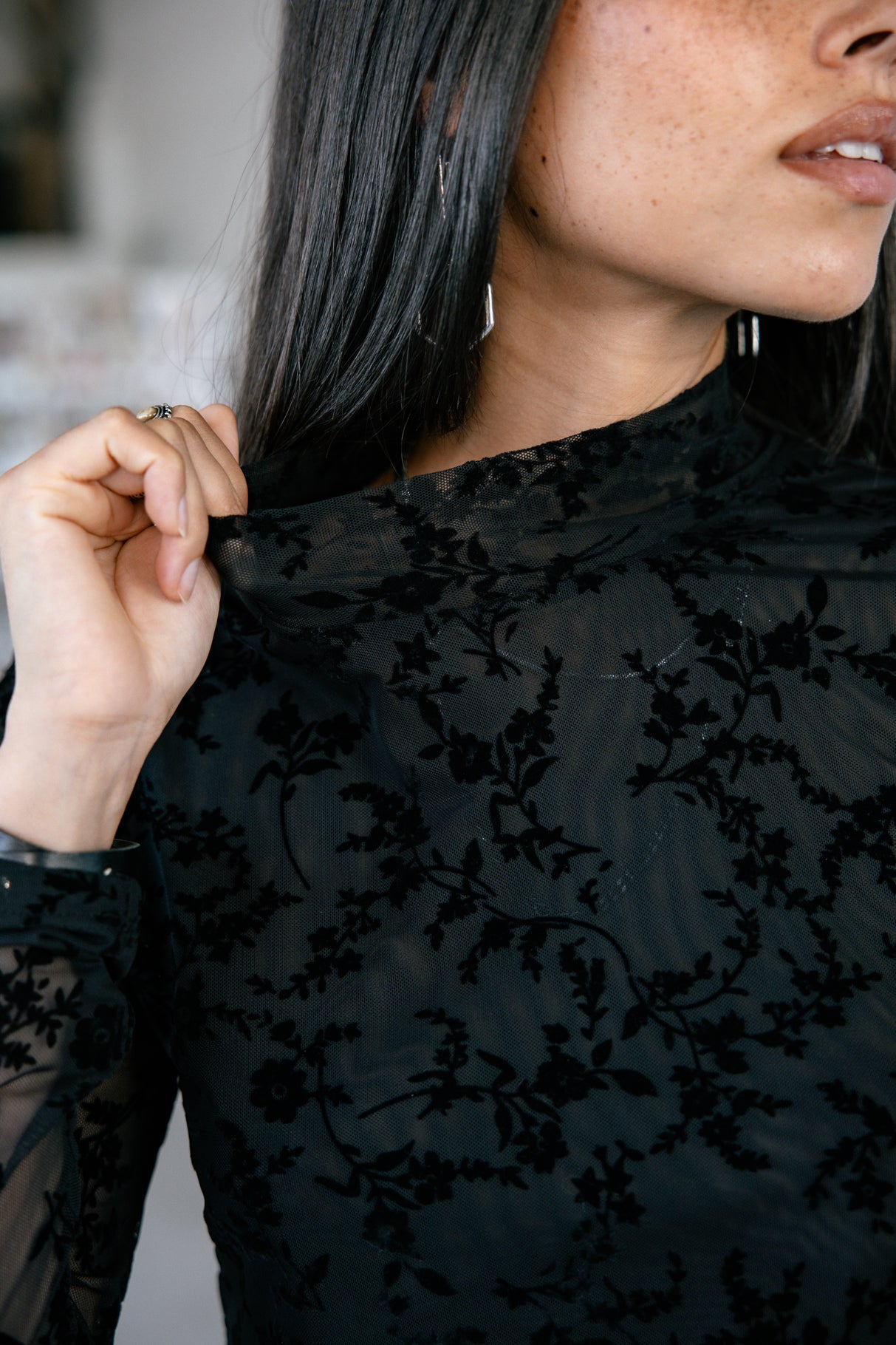 Top en résille imprimée Femme Thylane Flowers black | Freeman T. Porter