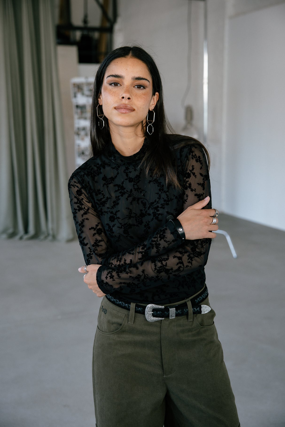 Top en résille imprimée Femme Thylane Flowers black | Freeman T. Porter