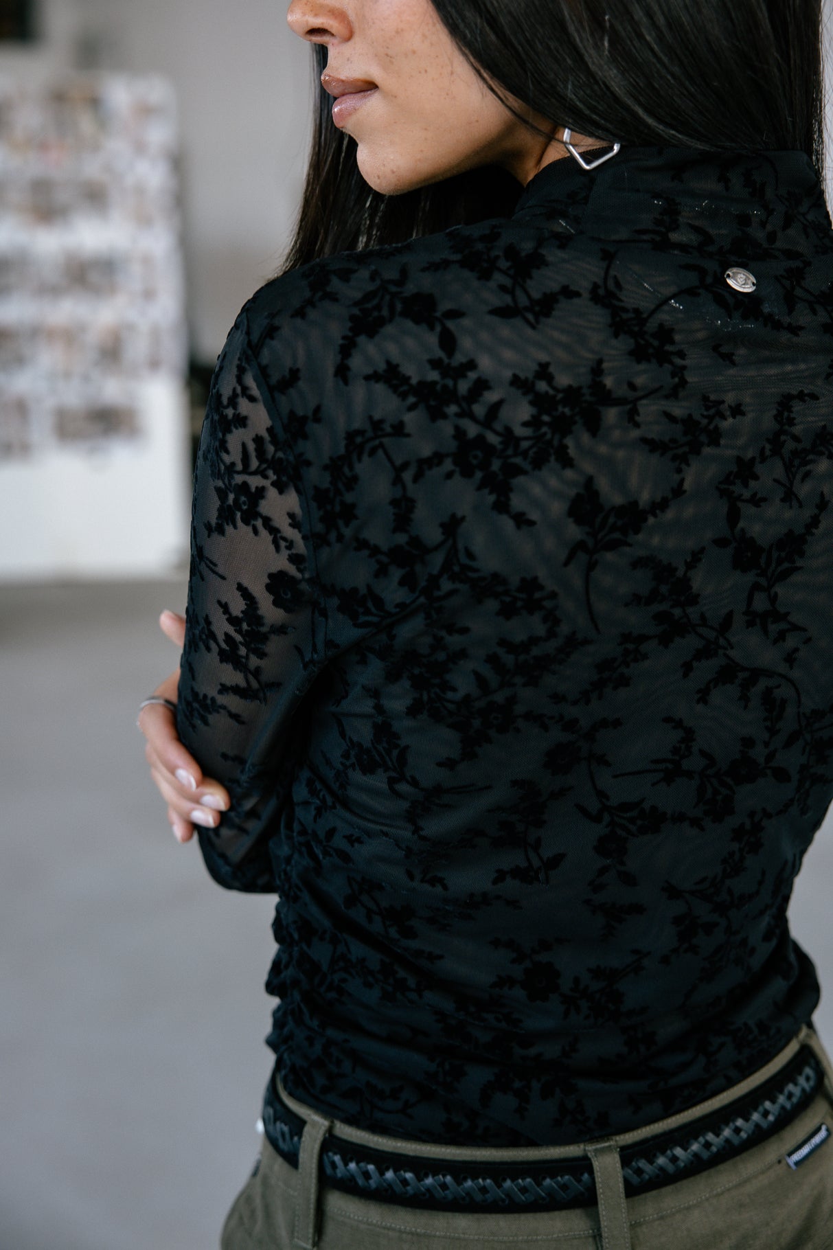 Top en résille imprimée Femme Thylane Flowers black | Freeman T. Porter