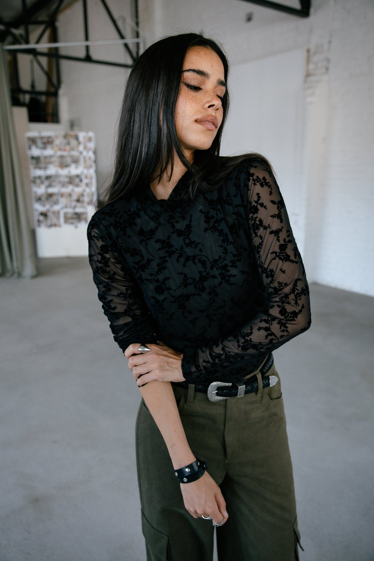 Top en résille imprimée Femme Thylane Flowers black | Freeman T. Porter