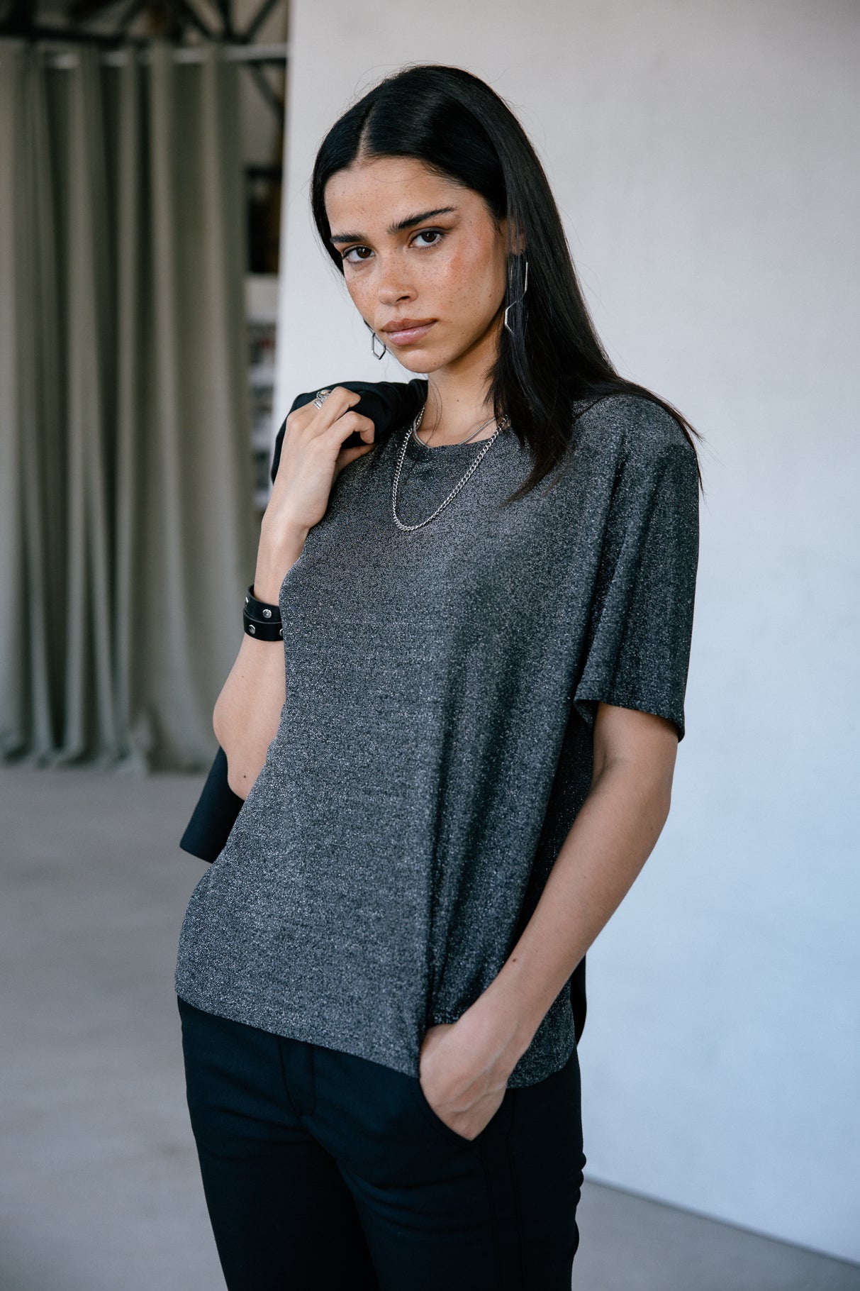T-shirt lurex Femme Tachina Shiny gun metal | Freeman T. Porter