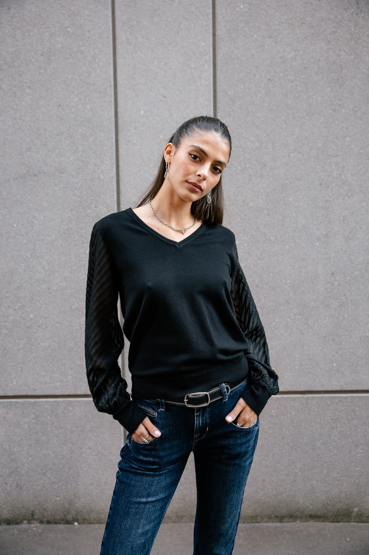 Pull manches voile Mujer Laonie Zig Zag black | Freeman T. Porter