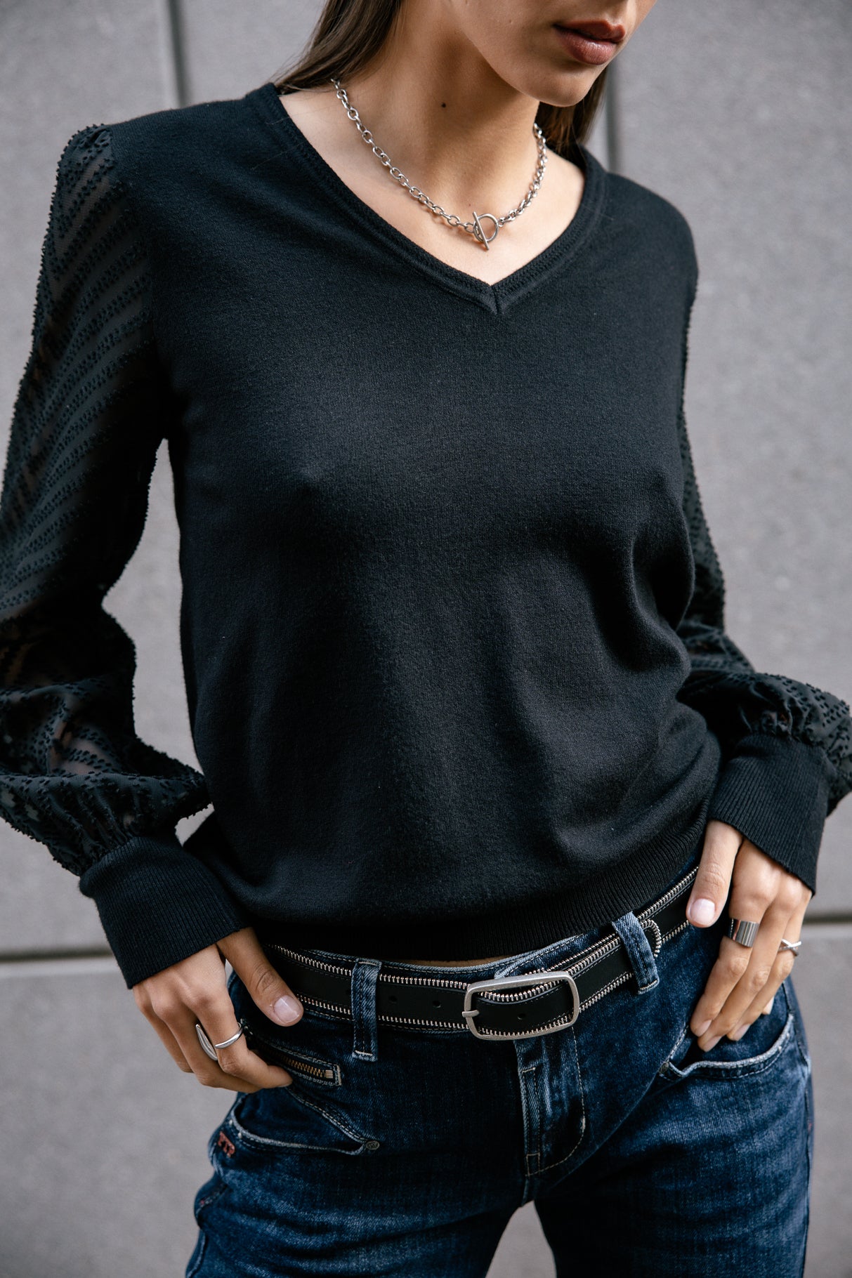 Pull manches voile Mujer Laonie Zig Zag black | Freeman T. Porter
