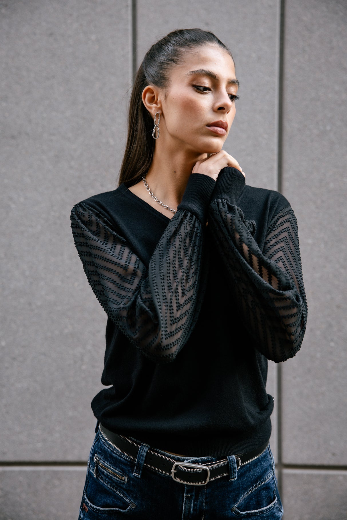 Pull manches voile Mujer Laonie Zig Zag black | Freeman T. Porter