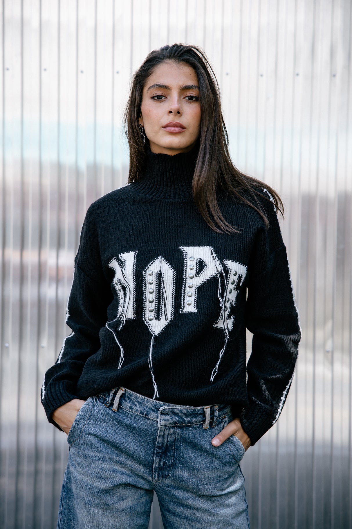 Pull détails frangés Femme Pears Rock black | Freeman T. Porter