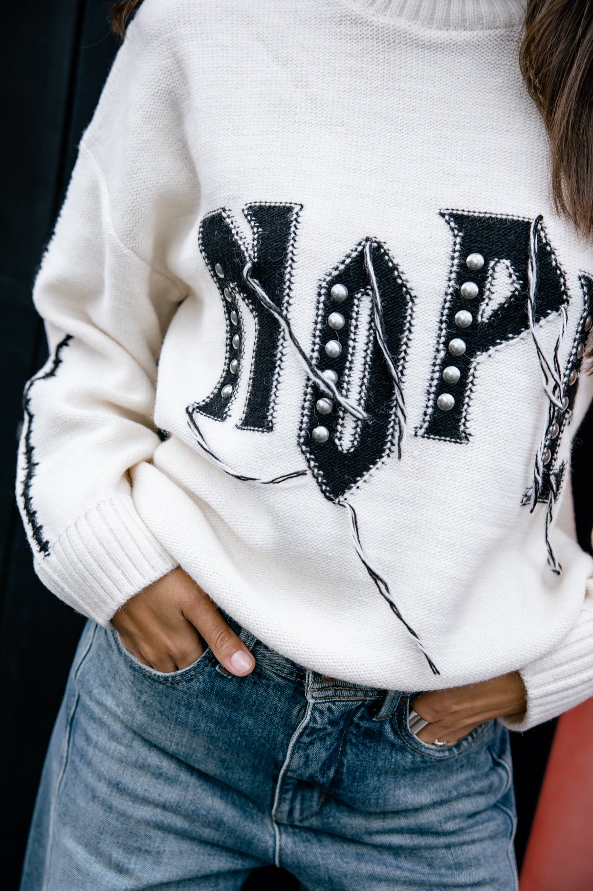 Pull détails frangés Femme Pears Rock off white | Freeman T. Porter