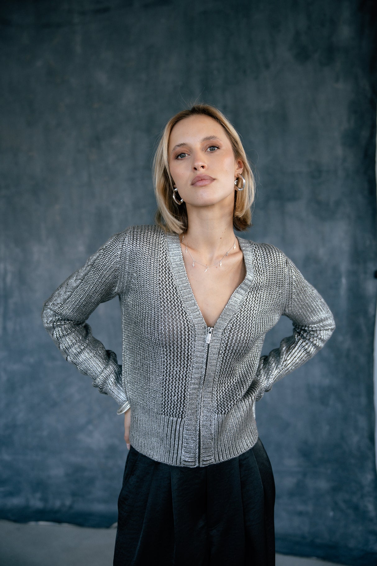 Cardigan maille argentée Femme Geel olive night | Freeman T. Porter