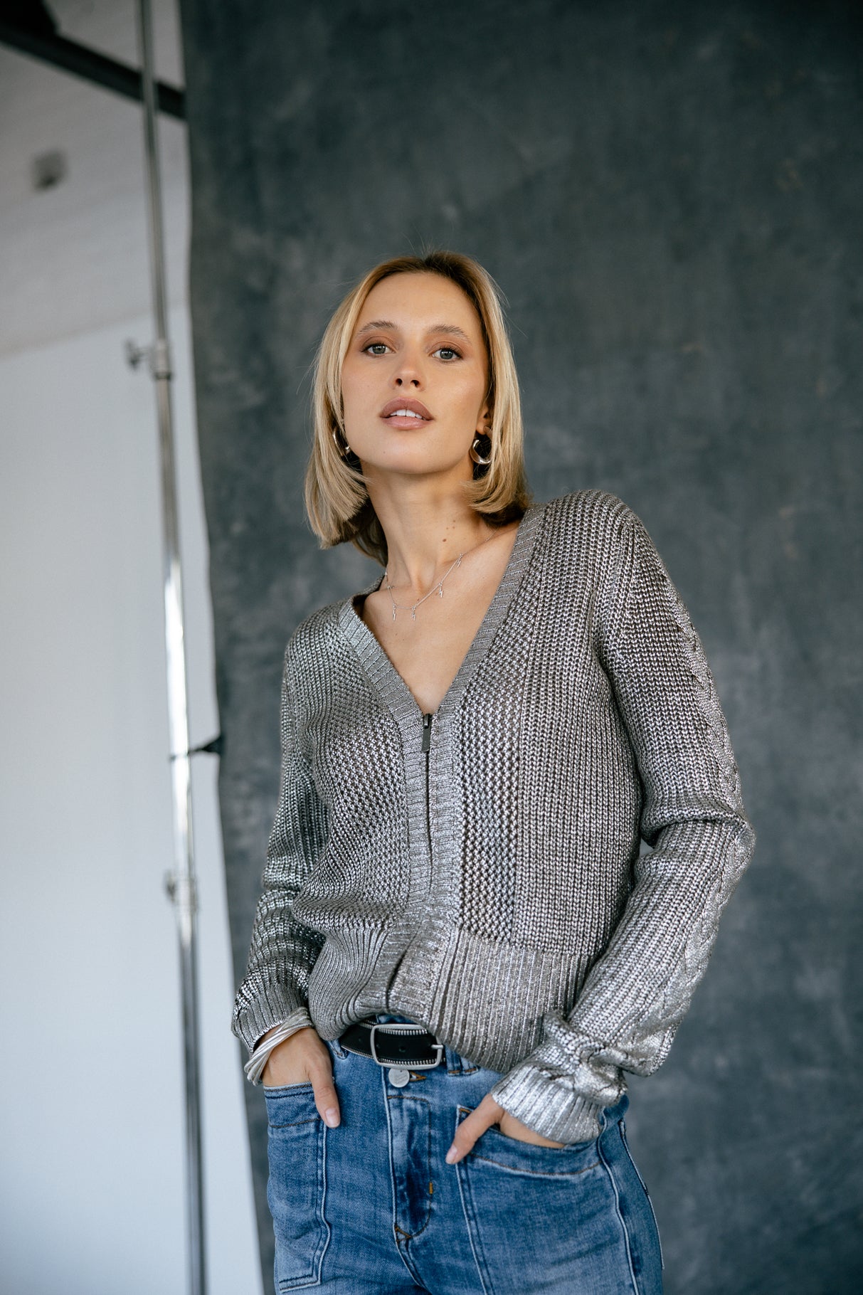 Cardigan maille argentée Femme Geel olive night | Freeman T. Porter