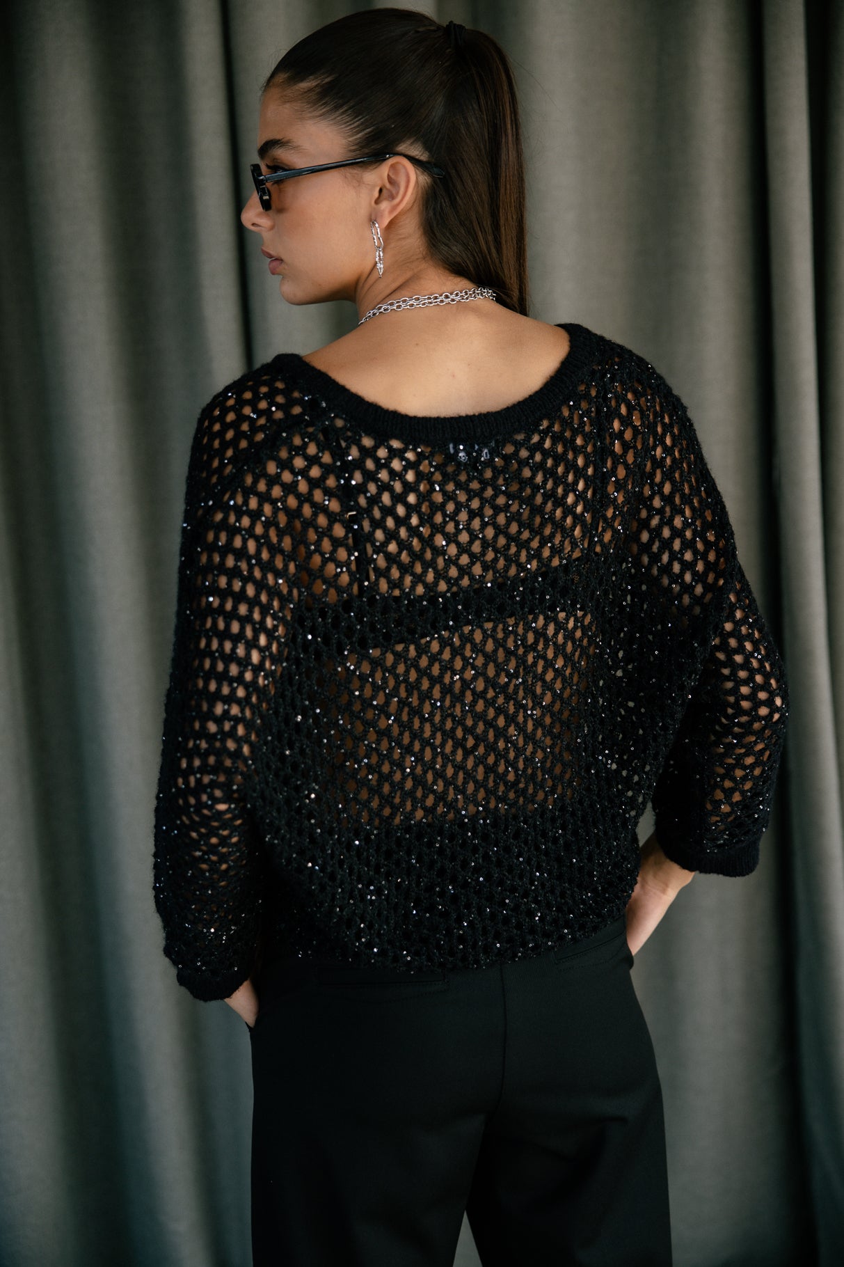 Pull maille ajourée scintillante Femme Paross Shiny black | Freeman T. Porter