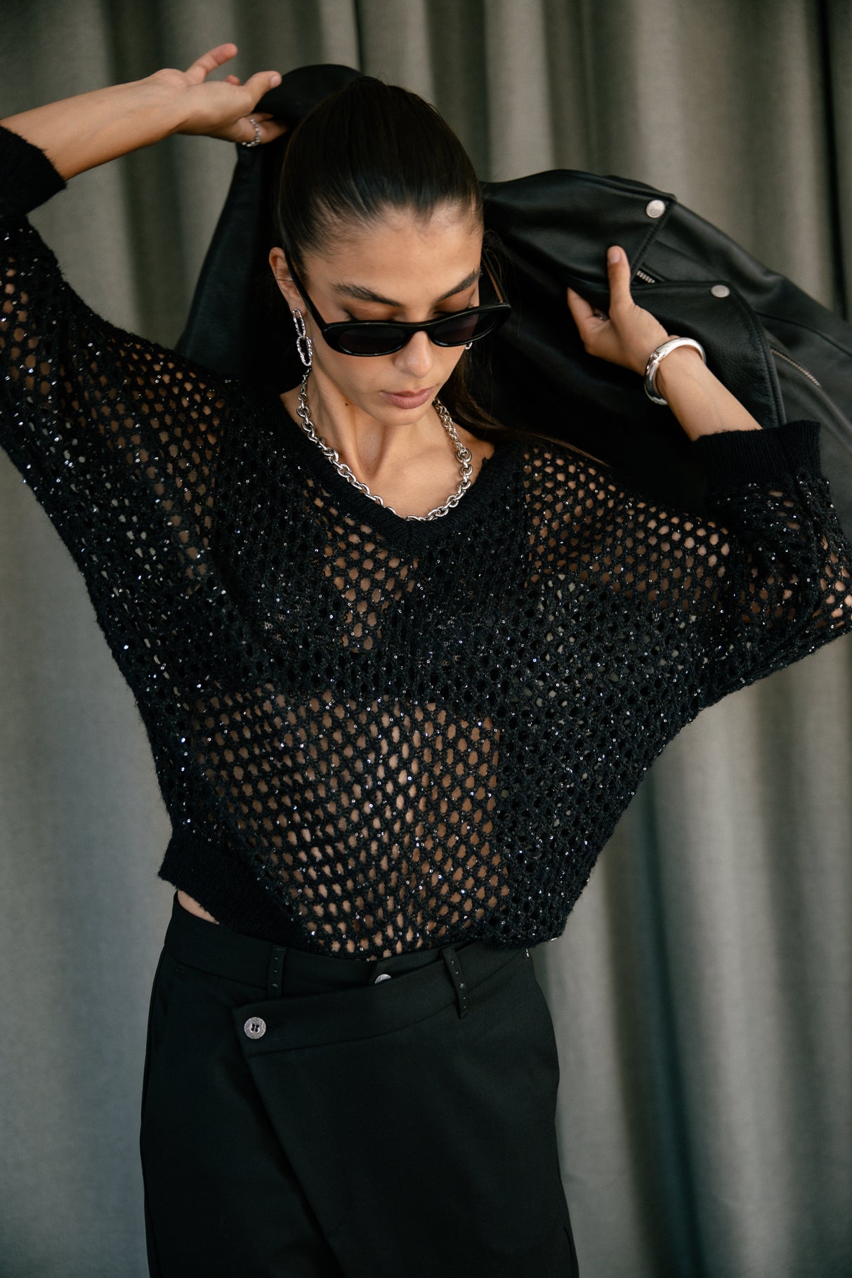 Pull maille ajourée scintillante Femme Paross Shiny black | Freeman T. Porter