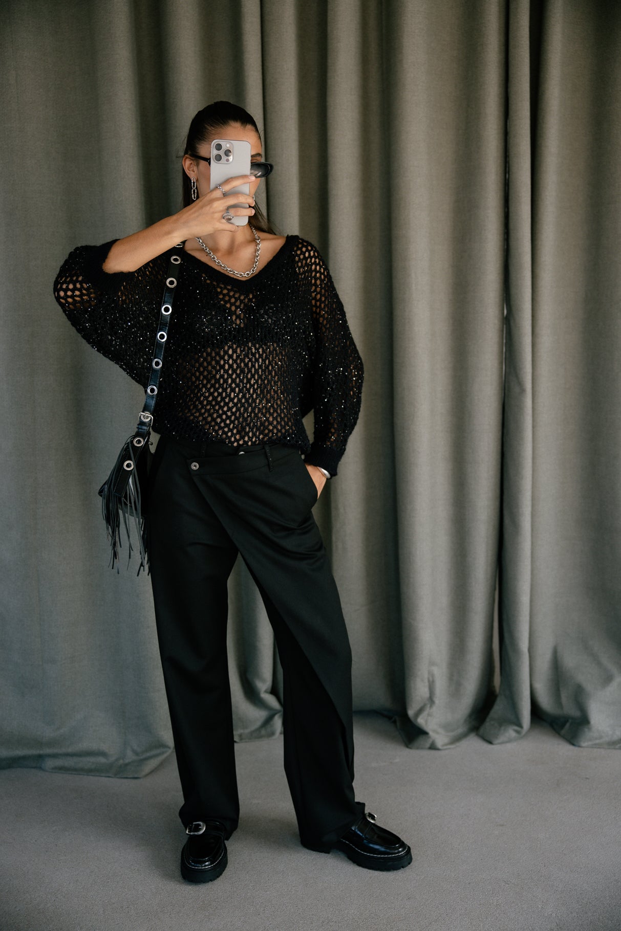 Pull maille ajourée scintillante Femme Paross Shiny black | Freeman T. Porter