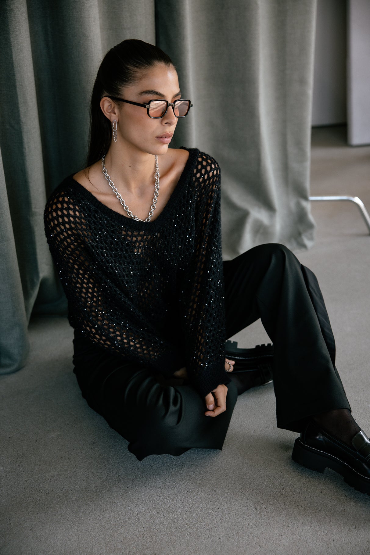 Pull maille ajourée scintillante Femme Paross Shiny black | Freeman T. Porter