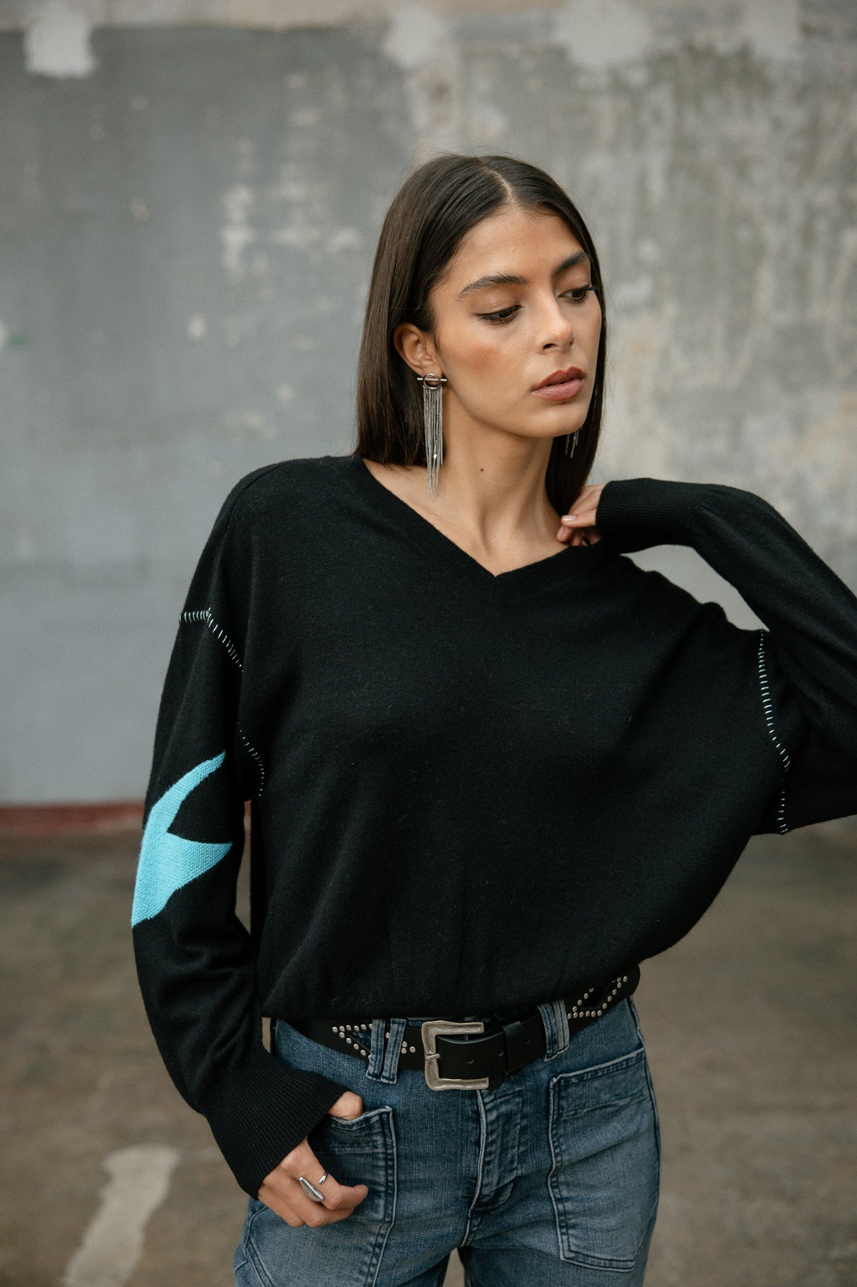 Pull motif contrastant Femme Penny Intersia black | Freeman T. Porter