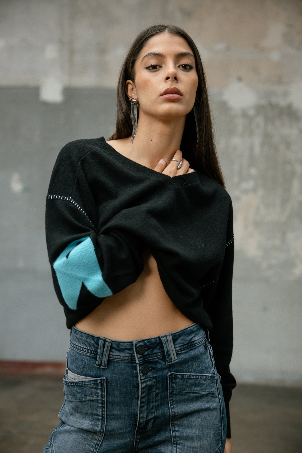 Pull motif contrastant Frau Penny Intersia black | Freeman T. Porter