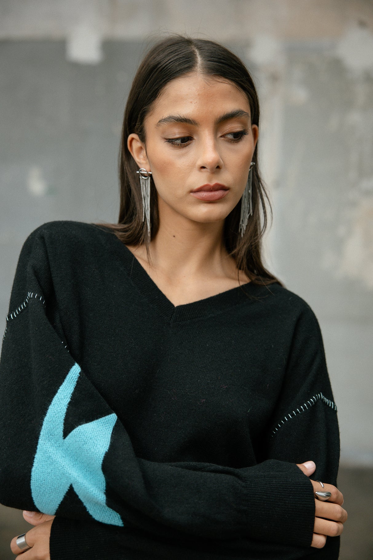 Pull motif contrastant Frau Penny Intersia black | Freeman T. Porter