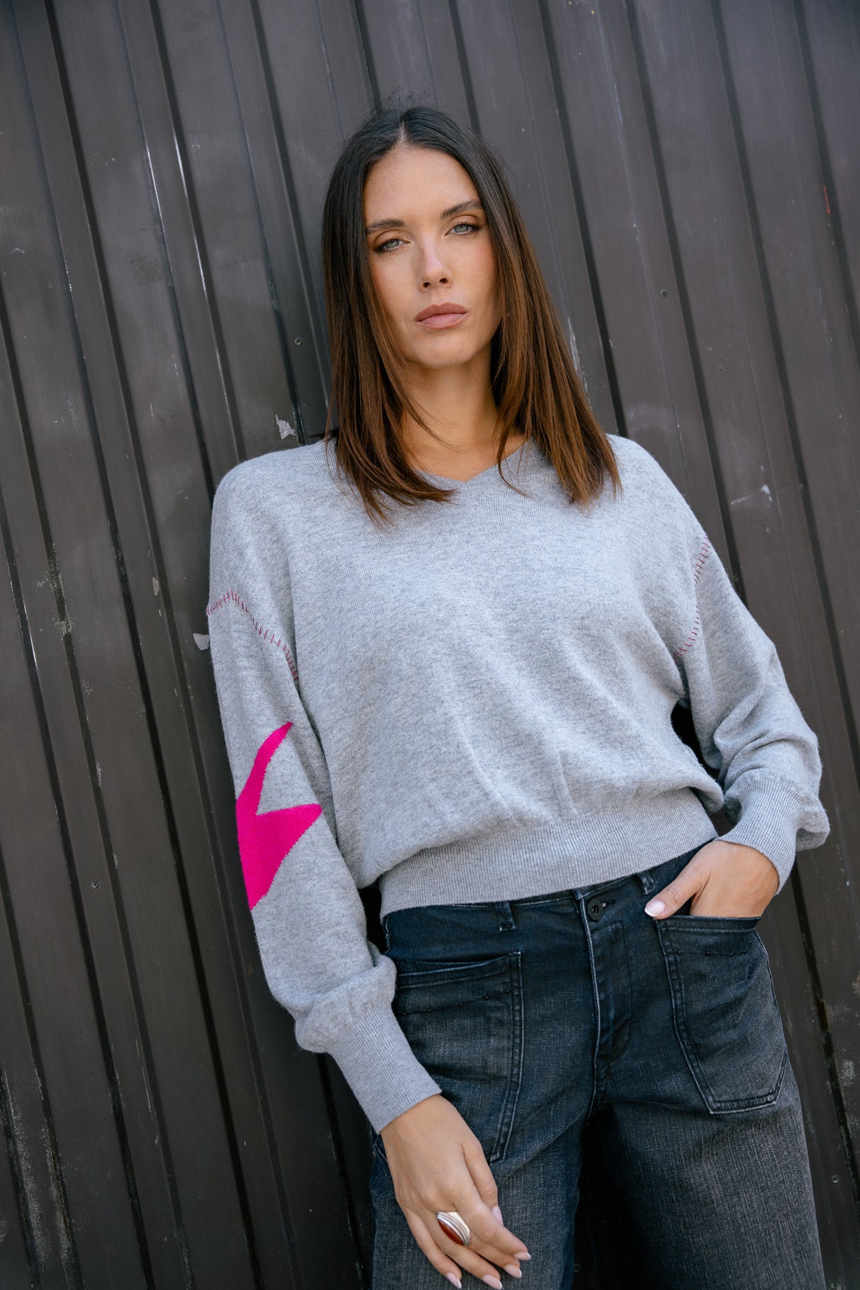 Pull motif contrastant Frau Penny Intersia light grey | Freeman T. Porter