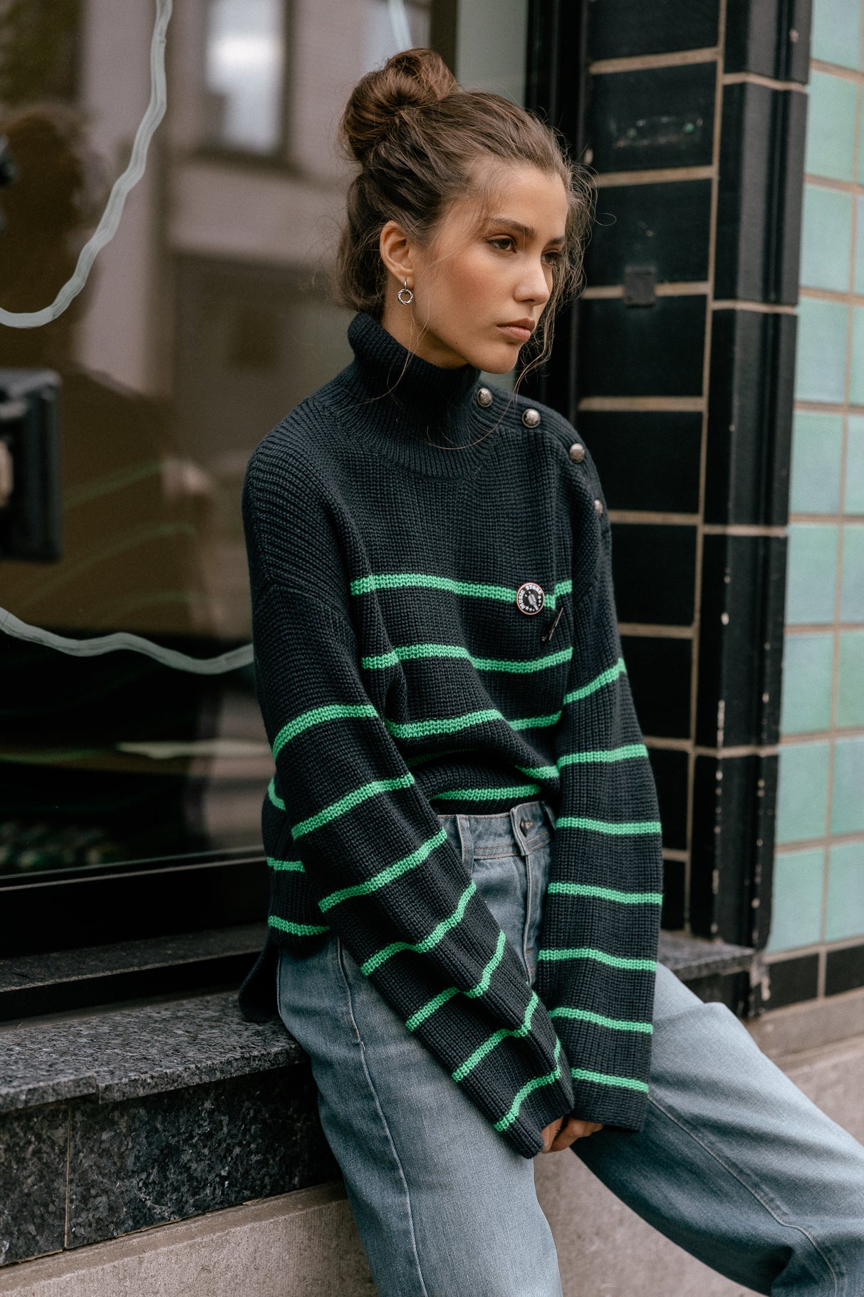 Pull marinière oversize Femme Pragga Stripes blue_green | Freeman T. Porter