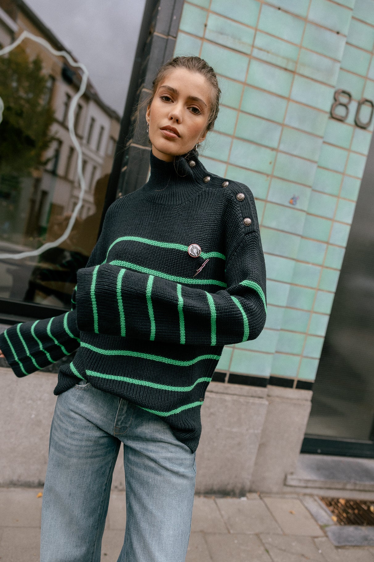 Pull marinière oversize Femme Pragga Stripes blue_green | Freeman T. Porter