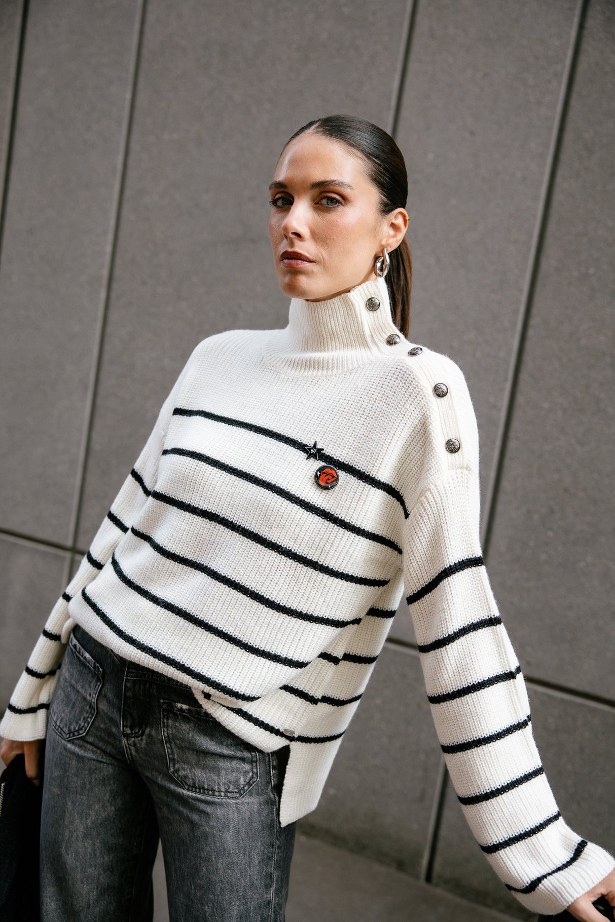 Pull marinière oversize Femme Pragga Stripes ecru_black | Freeman T. Porter