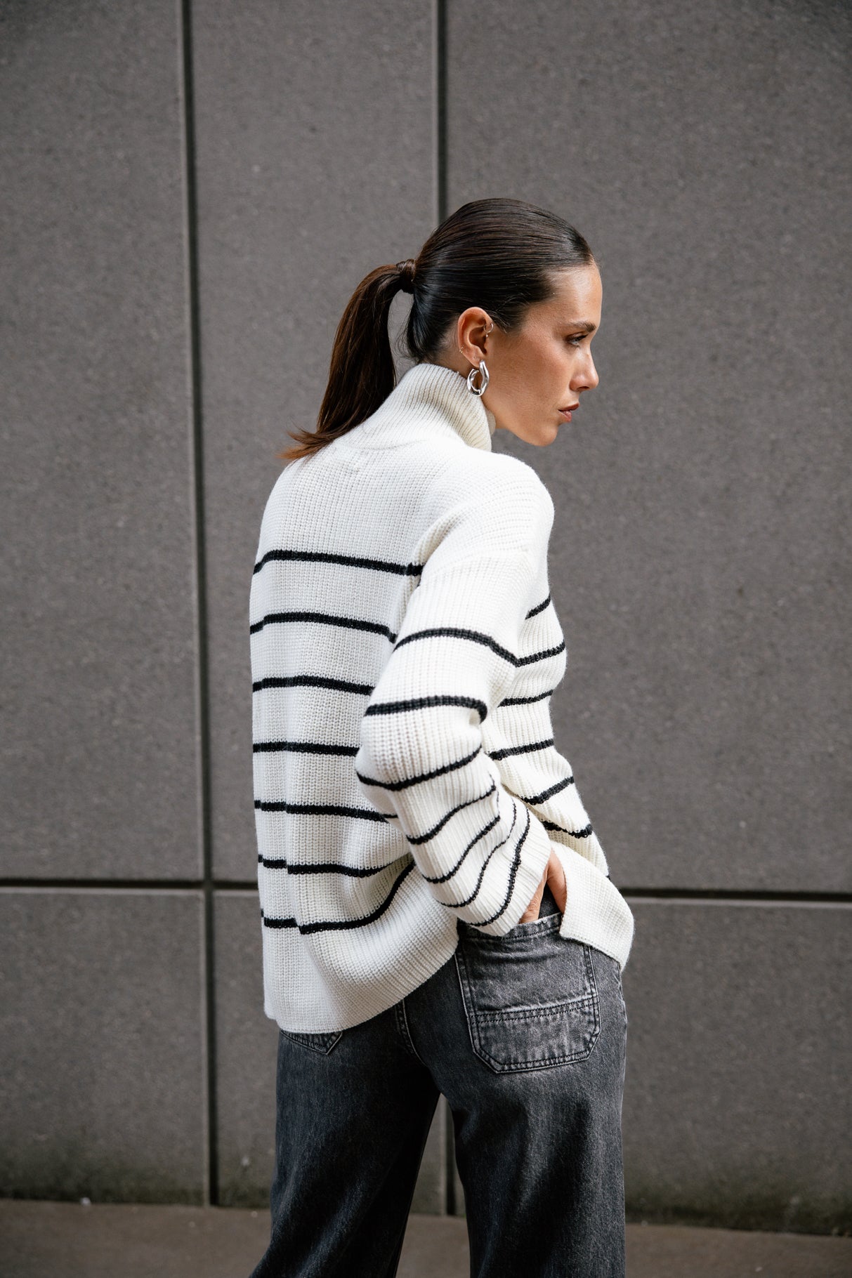 Pull marinière oversize Femme Pragga Stripes ecru_black | Freeman T. Porter
