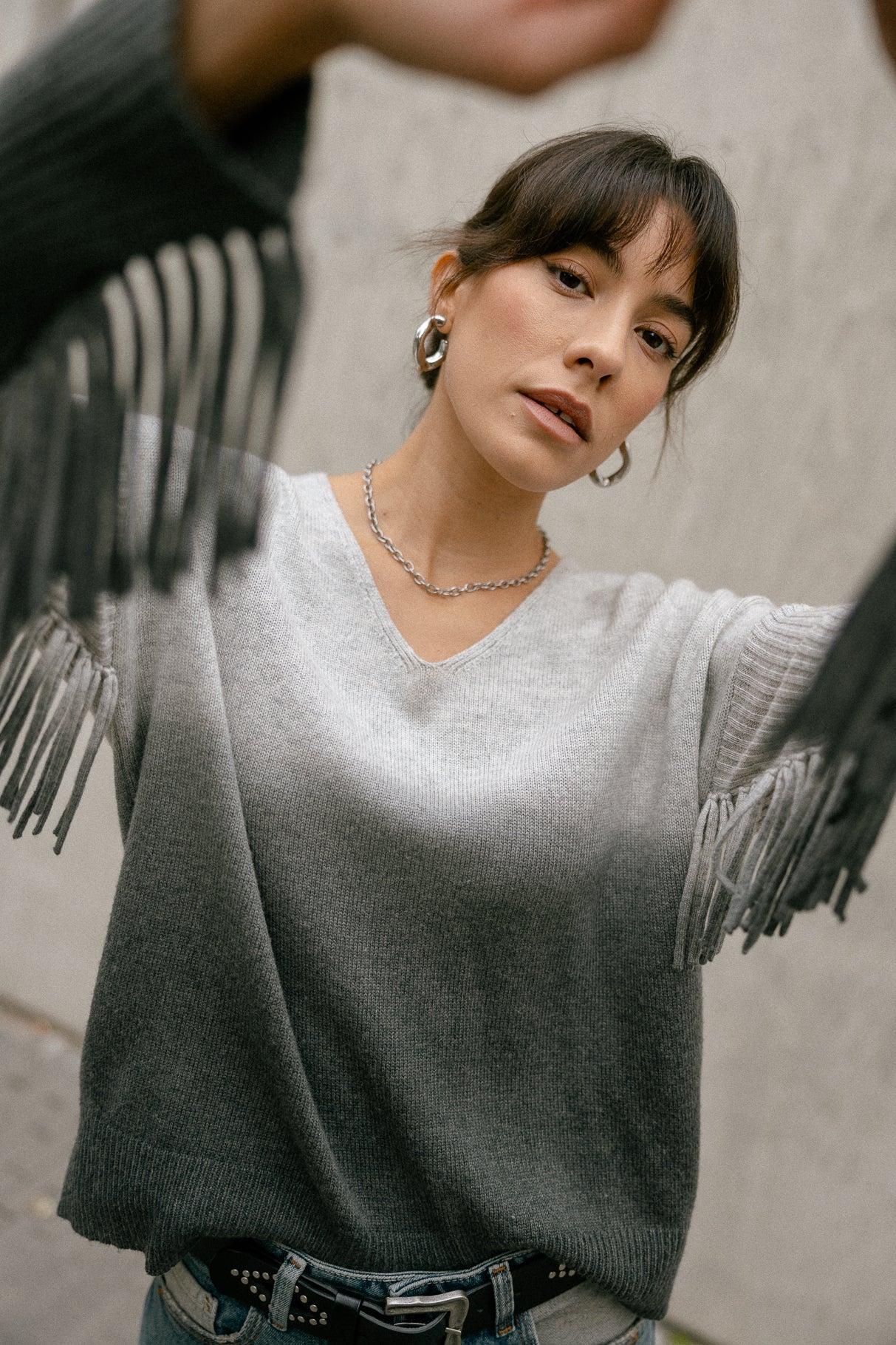 Pull à franges Femme Phara Deep Dye greymelange | Freeman T. Porter