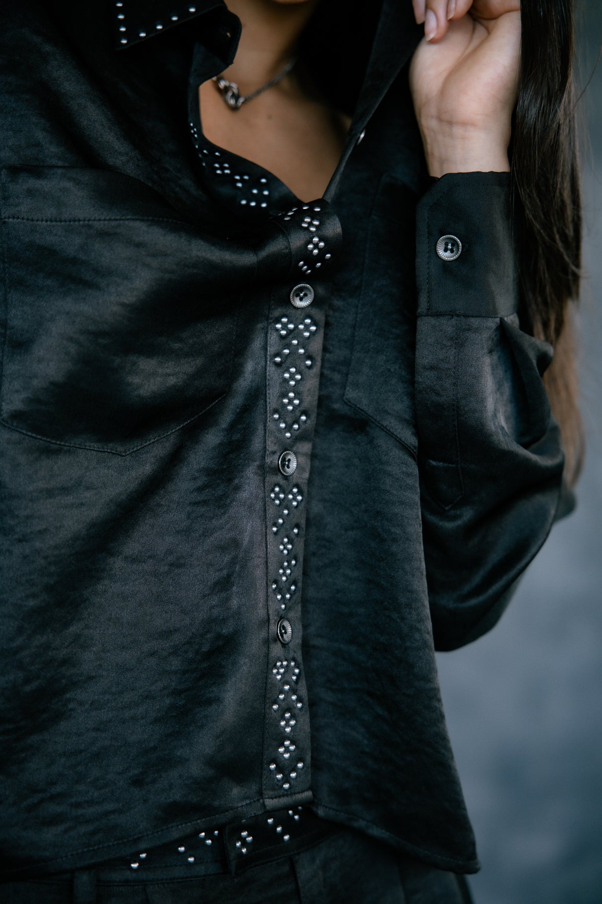 Chemise ample cropped Femme Caretina Satinado black | Freeman T. Porter