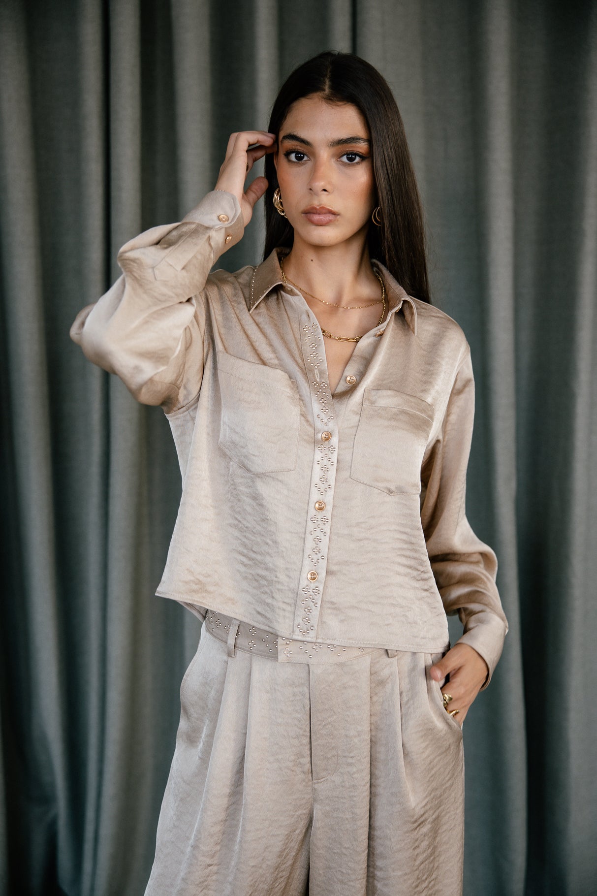 Chemise ample cropped Femme Caretina Satinado gold | Freeman T. Porter