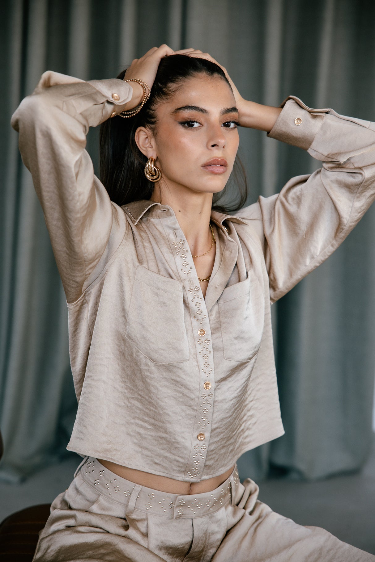Chemise ample cropped Femme Caretina Satinado gold | Freeman T. Porter