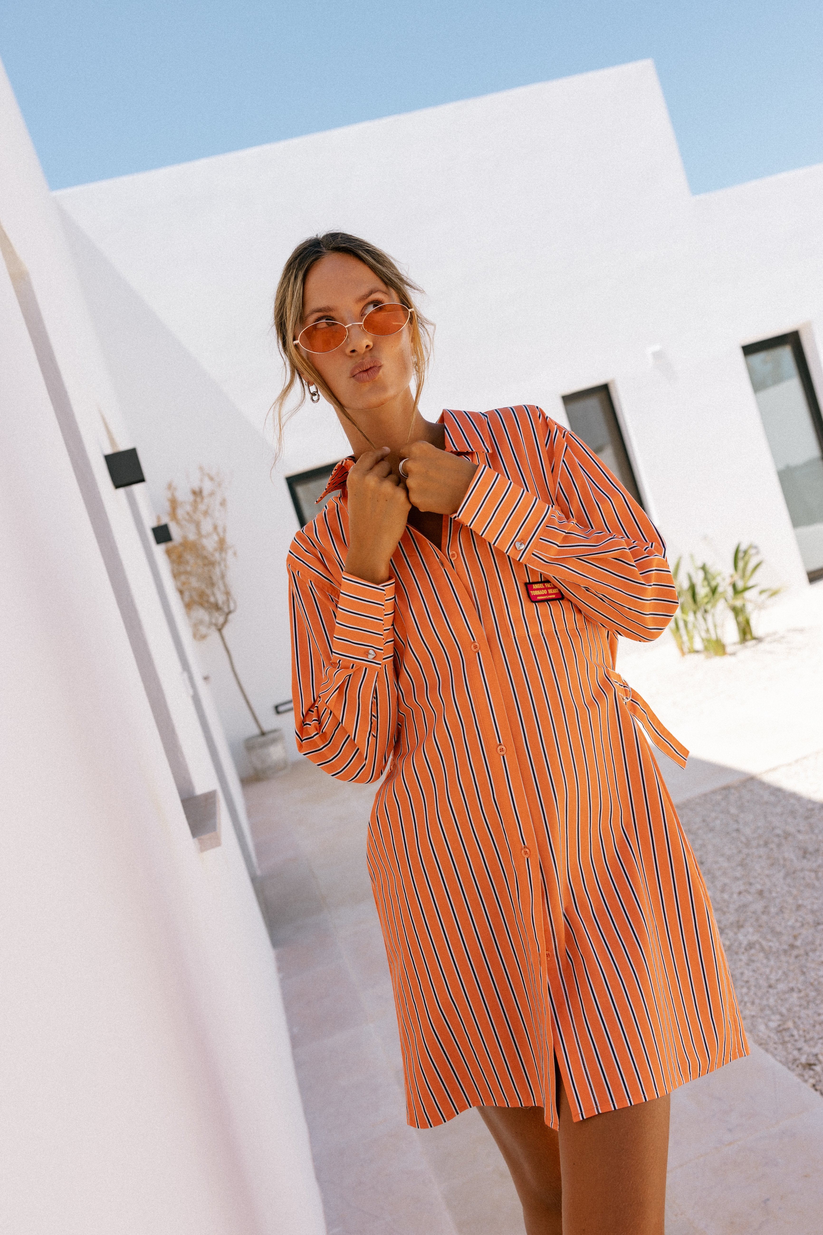Short striped shirt dress Ragaz Stripe, orange peel