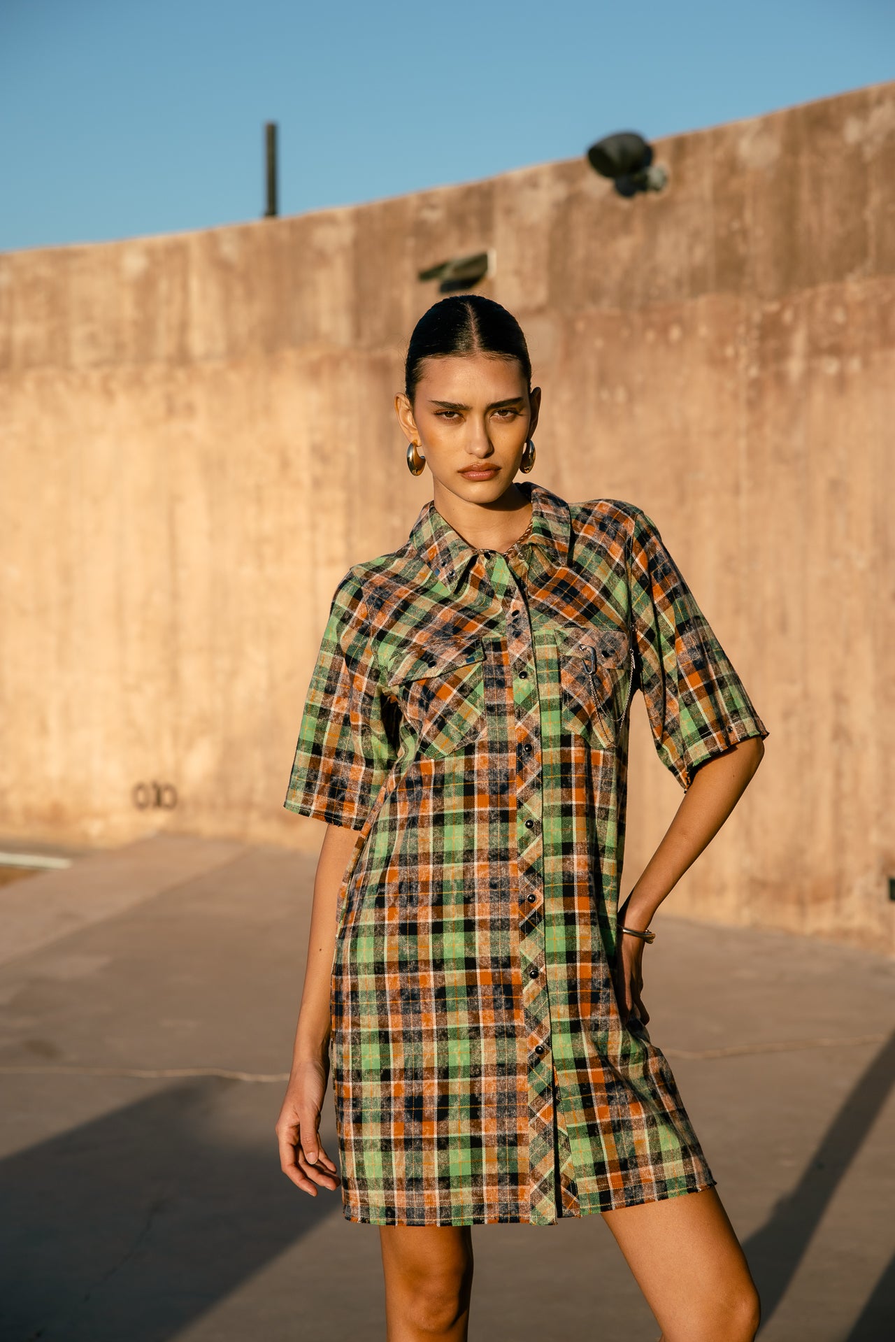 Short shirt dress Rollyne Bleached Checks, vibrant green | Freeman T. Porter