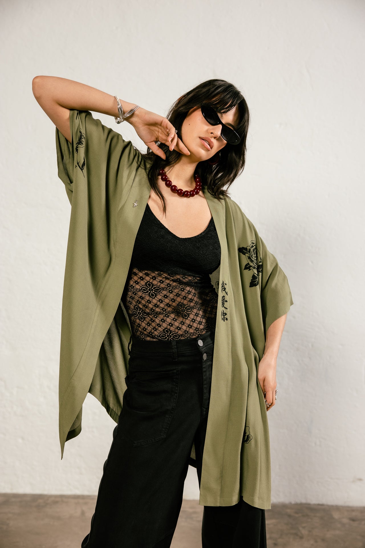 Kanna Rose Patterned Kimono, loden green | Freeman T. Porter