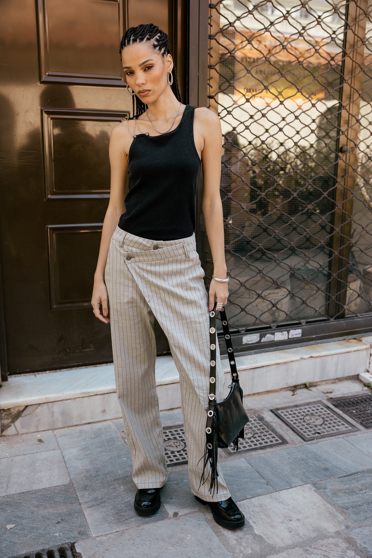 

Pantalon large fourche basse destructuré à rayure Femme Cassie Louxor aloe | Freeman T. Porter