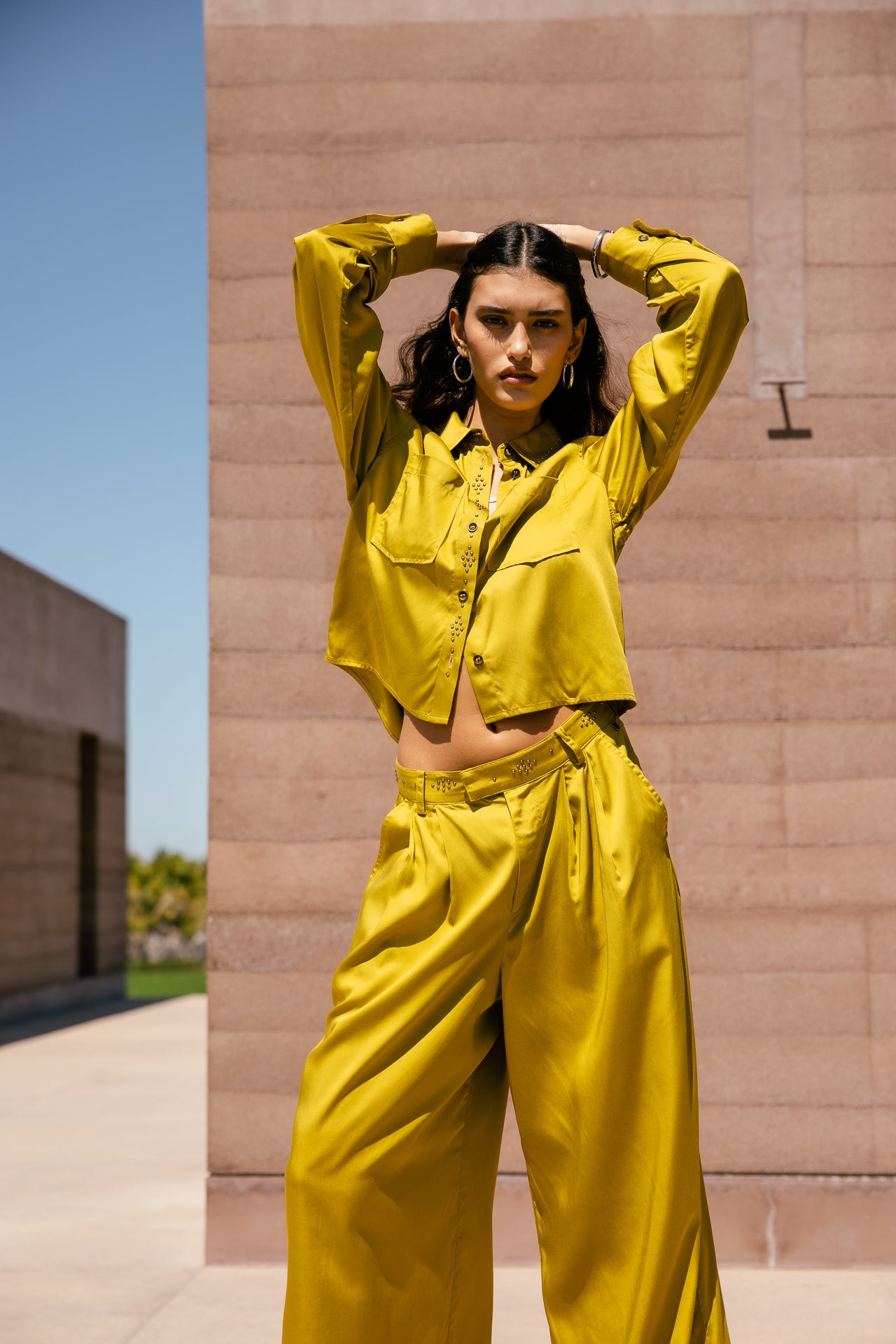 Paolina Silken high-waisted wide-leg pants, golden olive | Freeman