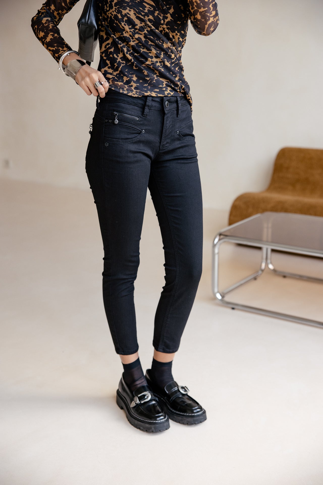 

Slim fit jeans met middelhoge taille 7/8 Dames Alexa High Waist Cropped black | Freeman T. Porter