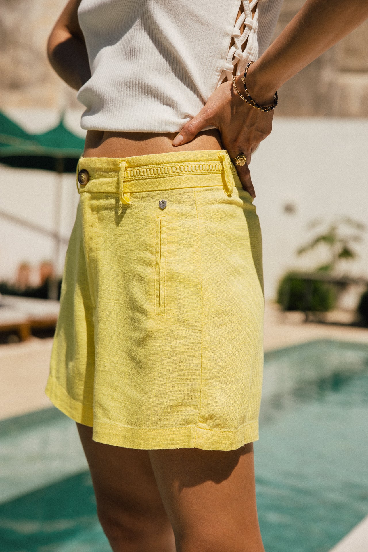 

Short taille haute en lin Femme Flavie Plain Linen limelight | Freeman T. Porter