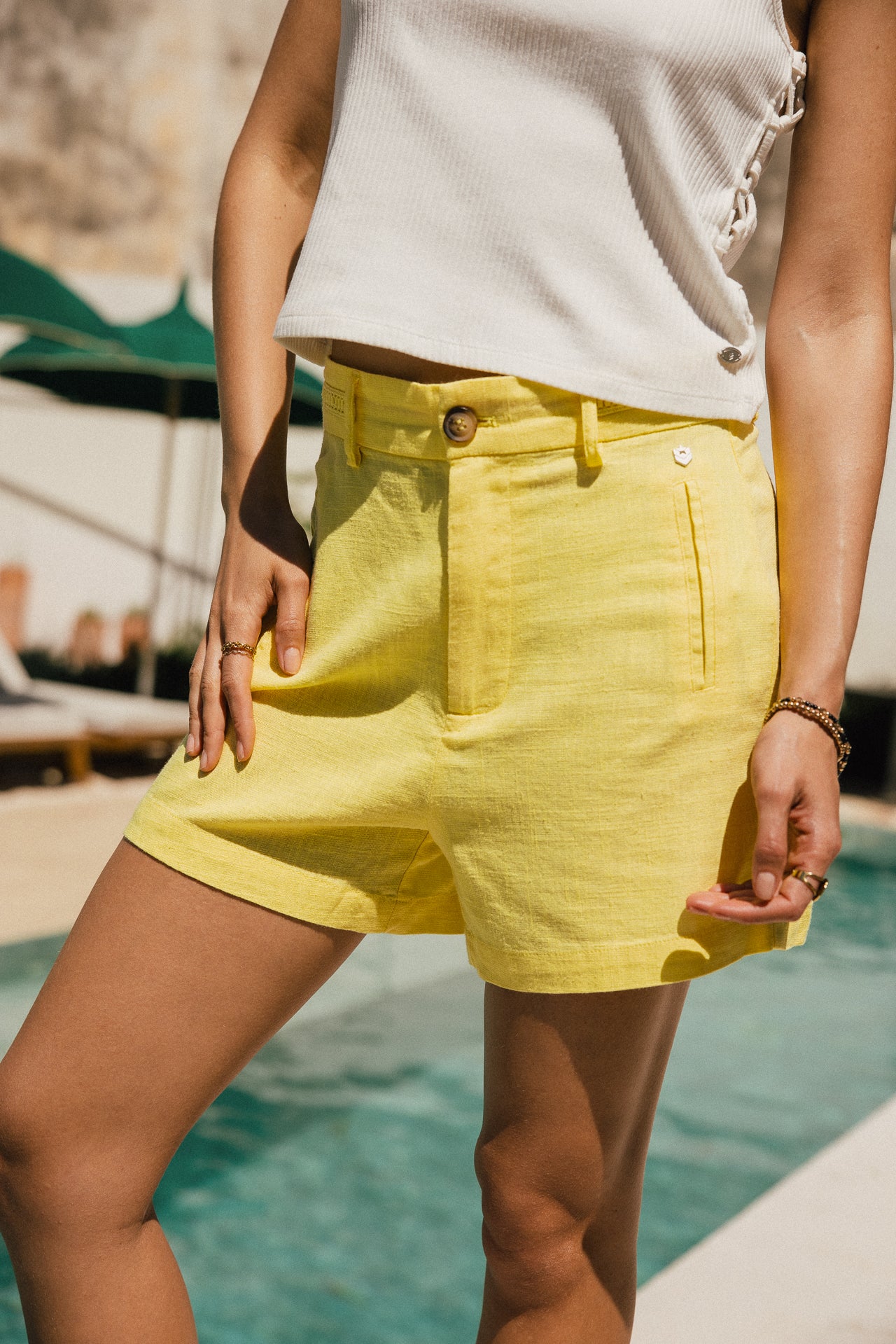 

Short taille haute en lin Femme Flavie Plain Linen limelight | Freeman T. Porter