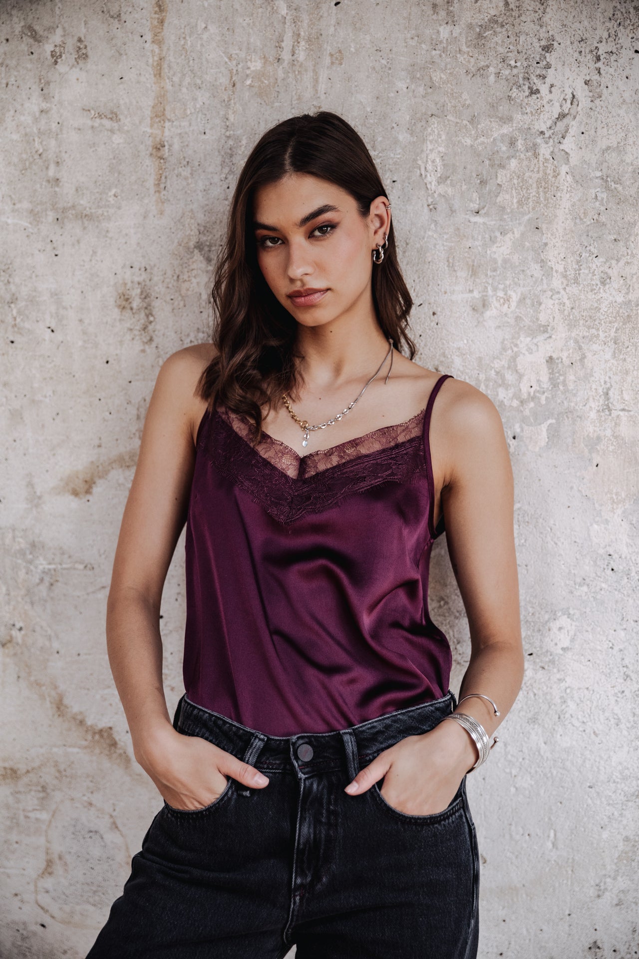 

Fließendes Tanktop mit Spitze Damen Thylia Lace Fabric Mix winetasting | Freeman T. Porter