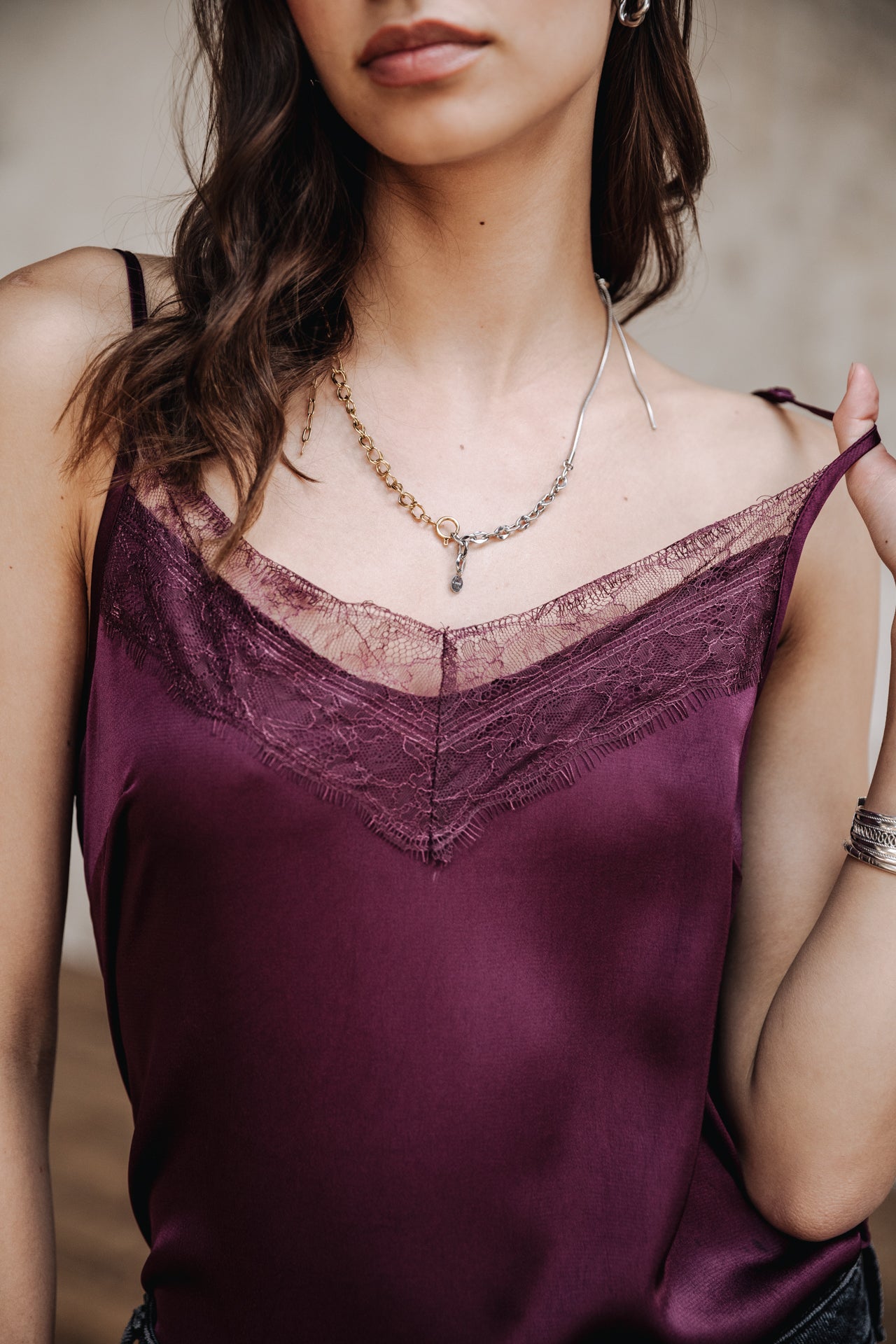 

Fließendes Tanktop mit Spitze Damen Thylia Lace Fabric Mix winetasting | Freeman T. Porter