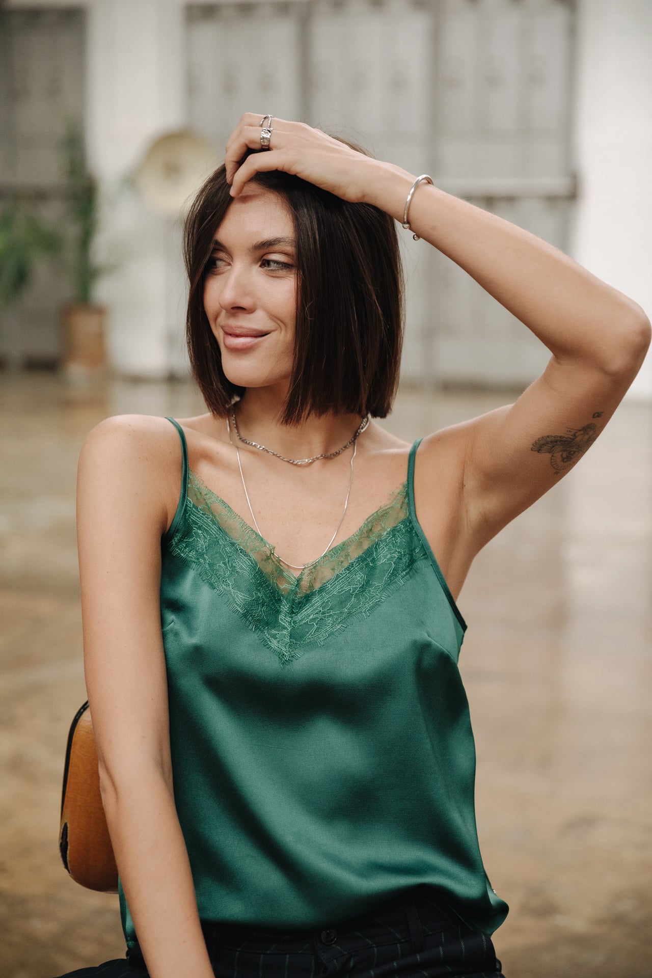 

Satin-Camisole mit Spitze Damen Thylia Lace Fabric Mix evergreen | Freeman T. Porter