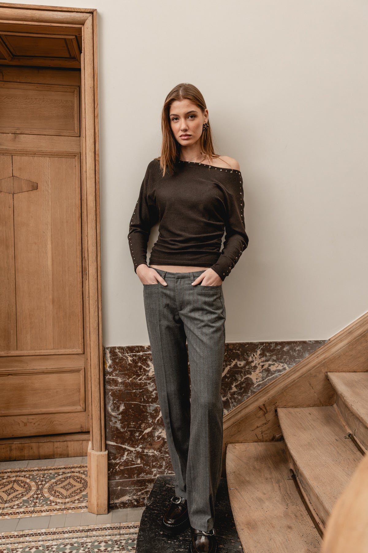 

Boot-Ausschnitt Pullover mit Nieten Damen Placida Jewel brown | Freeman T. Porter