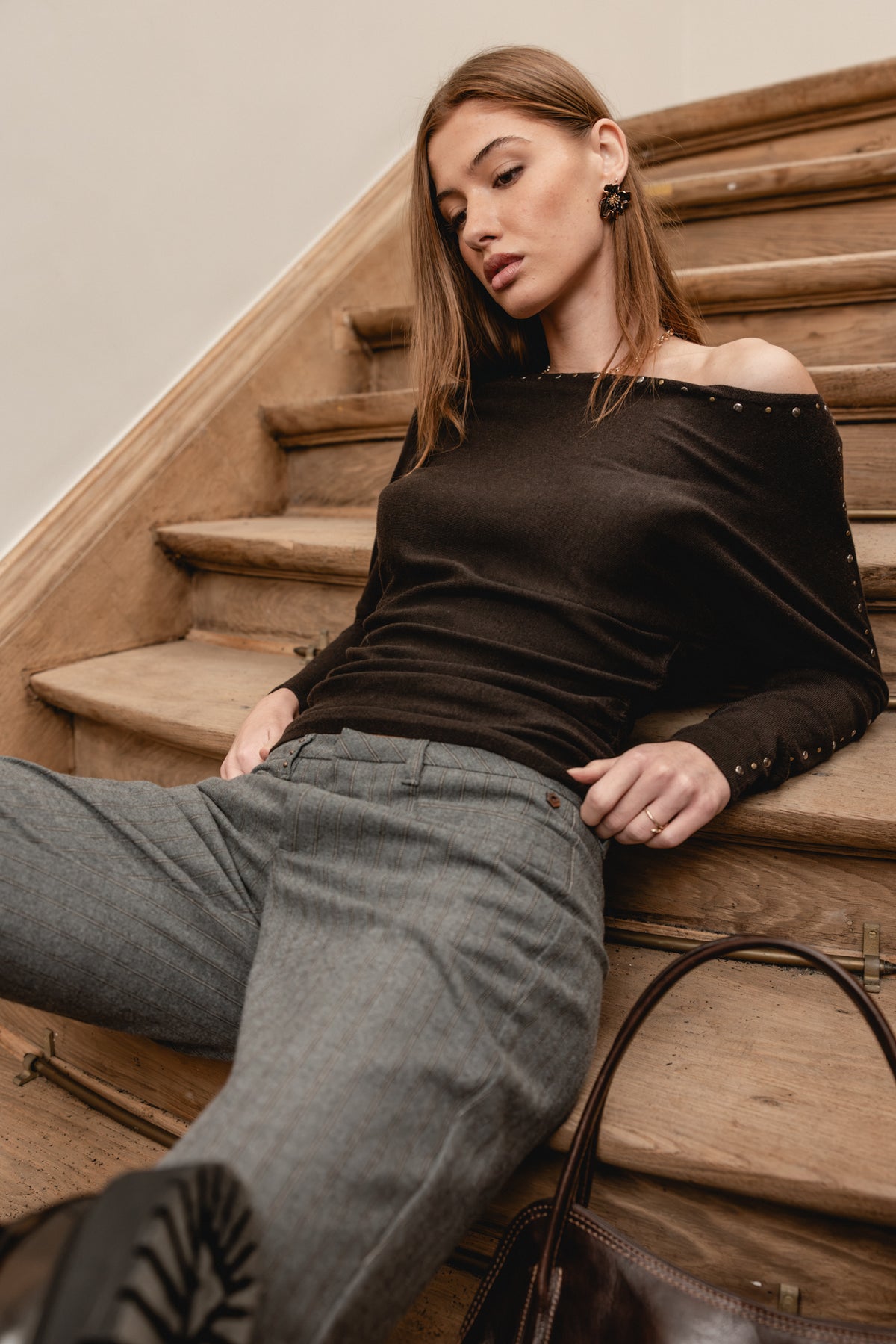 

Boot-Ausschnitt Pullover mit Nieten Damen Placida Jewel brown | Freeman T. Porter