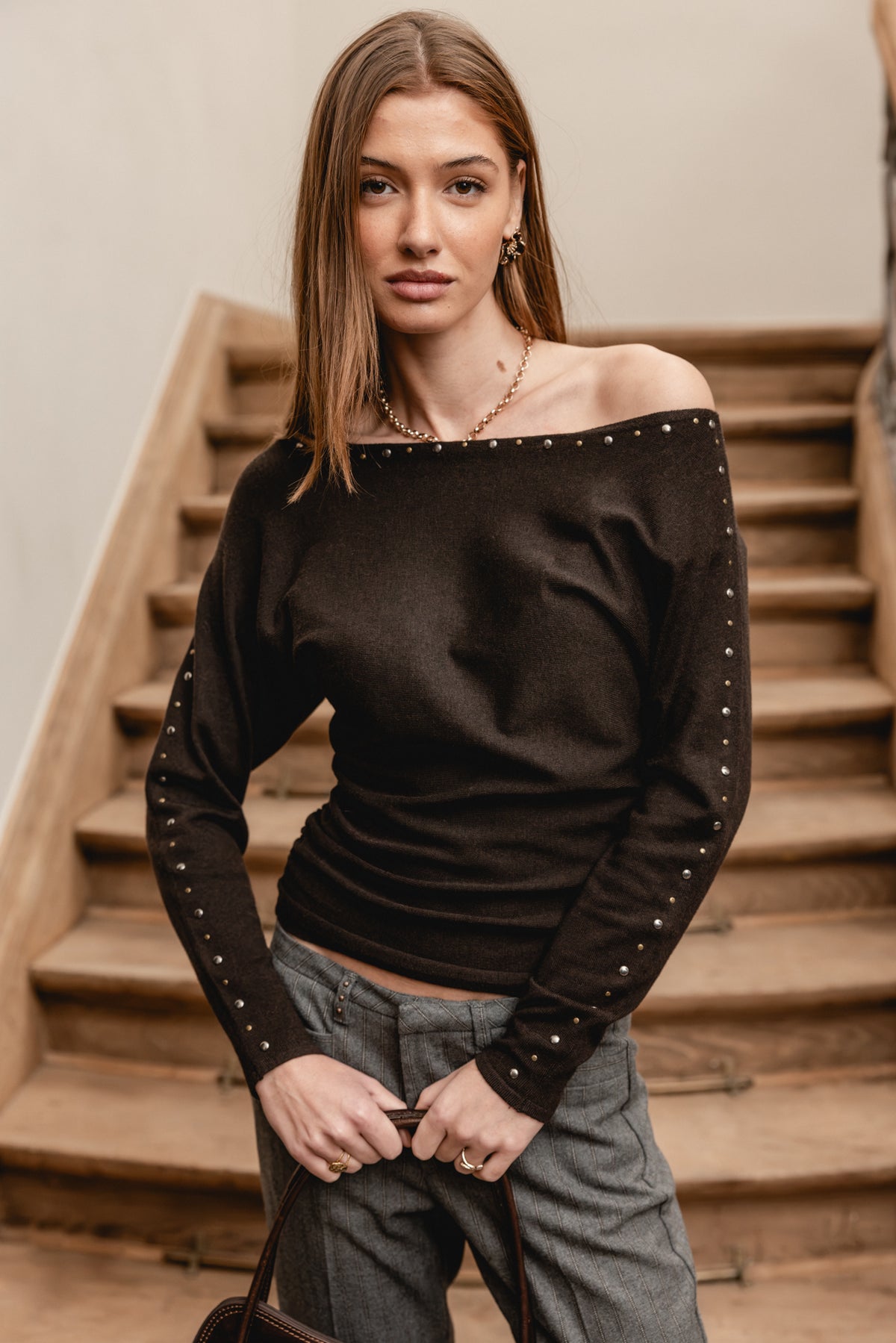 

Boot-Ausschnitt Pullover mit Nieten Damen Placida Jewel brown | Freeman T. Porter