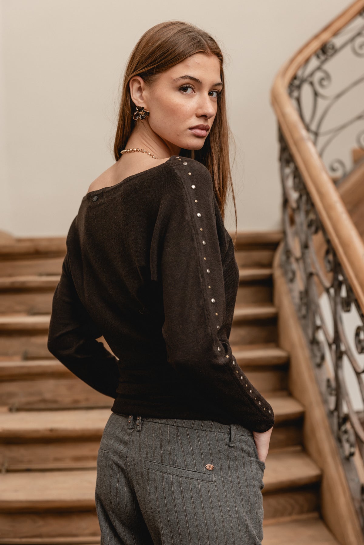 

Boot-Ausschnitt Pullover mit Nieten Damen Placida Jewel brown | Freeman T. Porter