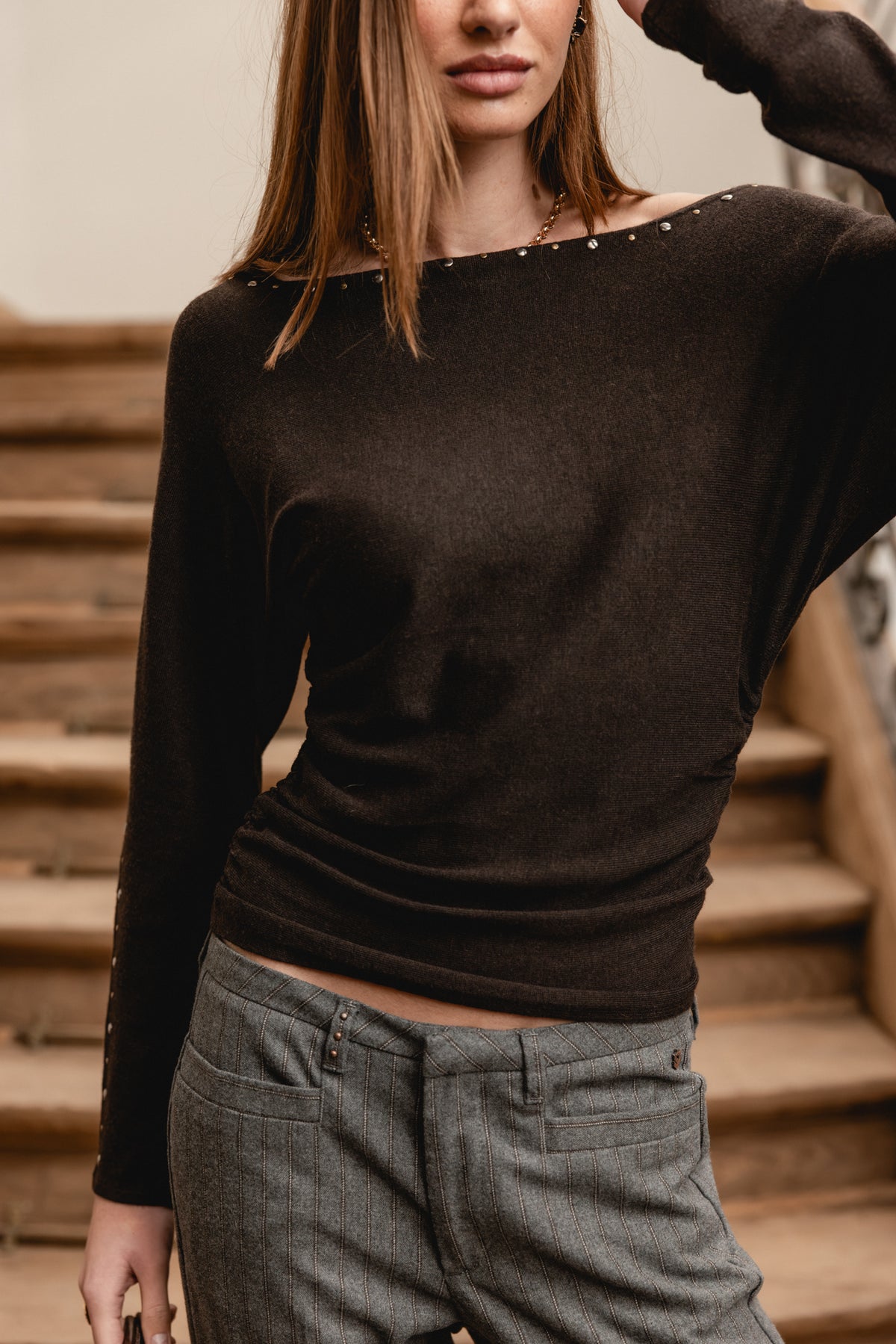 

Boot-Ausschnitt Pullover mit Nieten Damen Placida Jewel brown | Freeman T. Porter