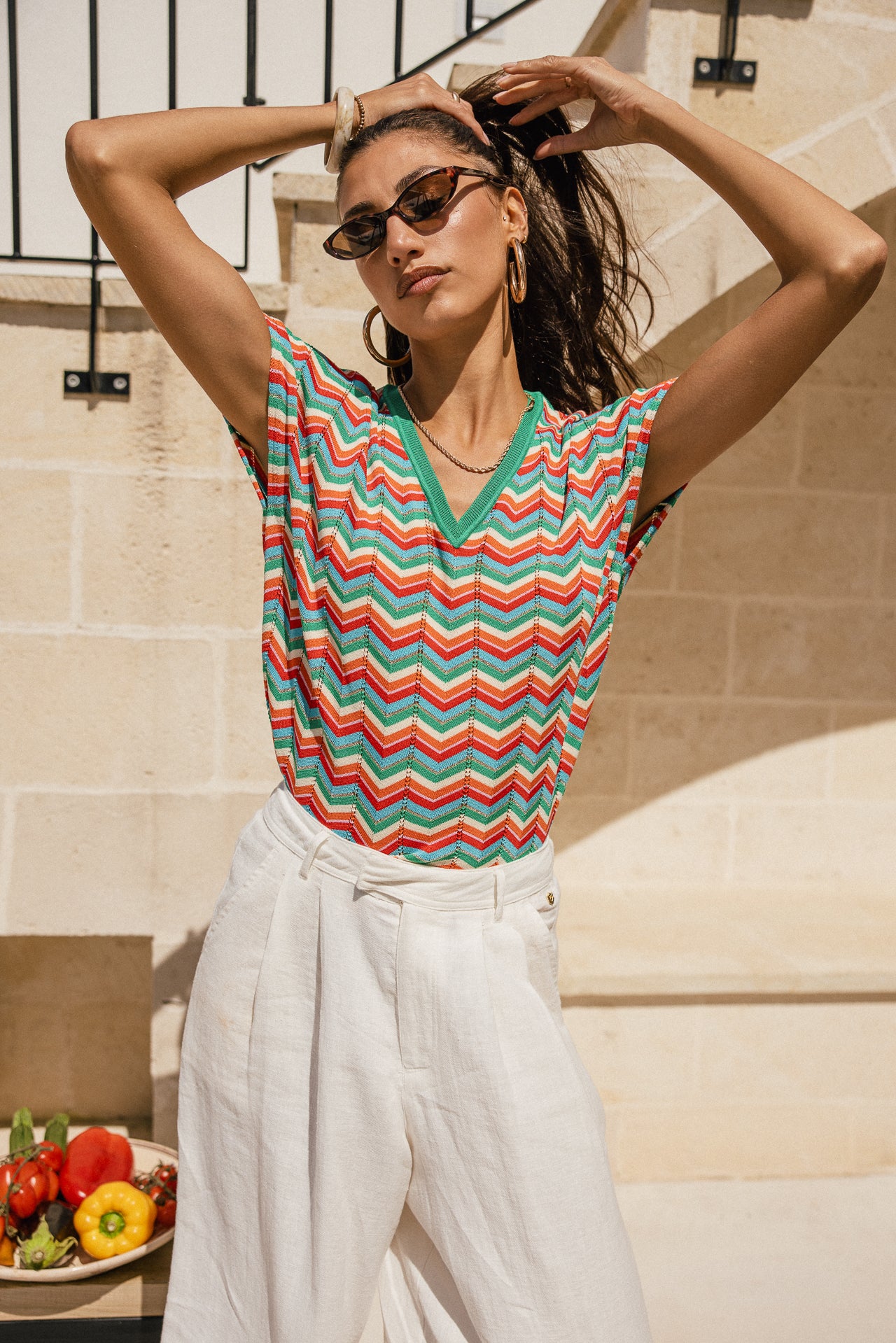 

T-shirt en maille col V Femme Tanisse Waves emerald green | Freeman T. Porter