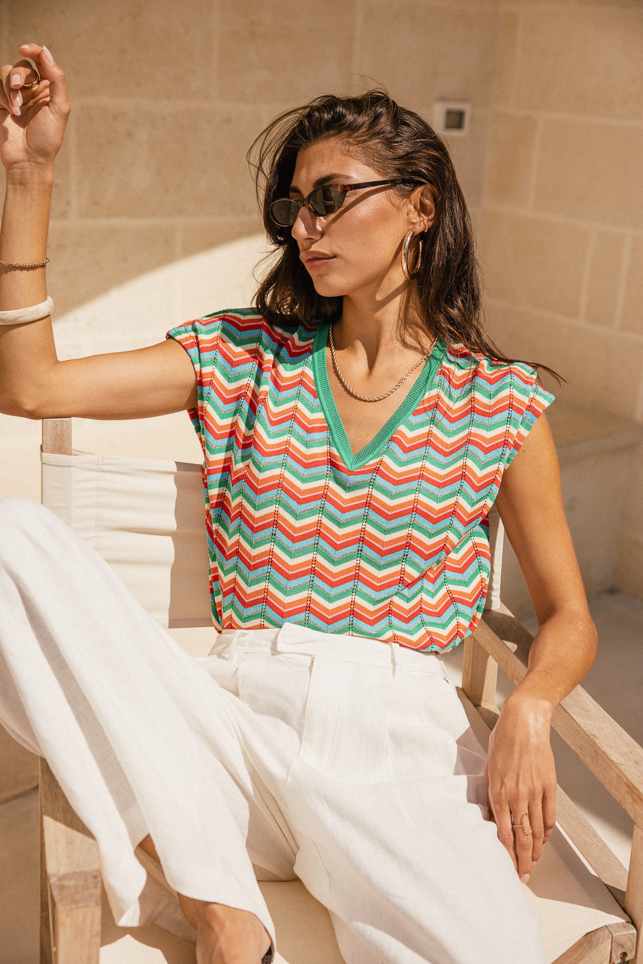 

T-shirt en maille col V Femme Tanisse Waves emerald green | Freeman T. Porter