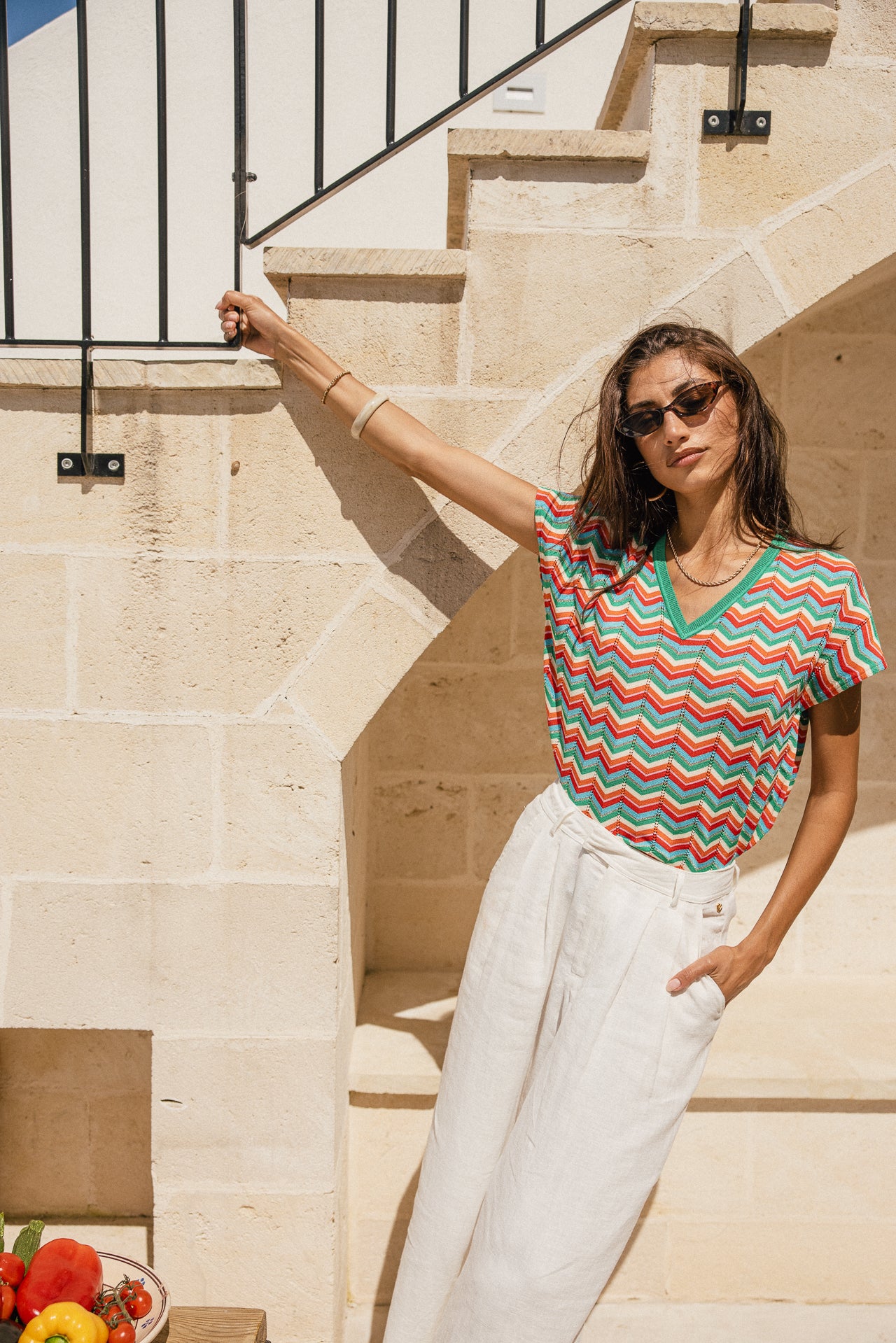 

T-shirt en maille col V Femme Tanisse Waves emerald green | Freeman T. Porter