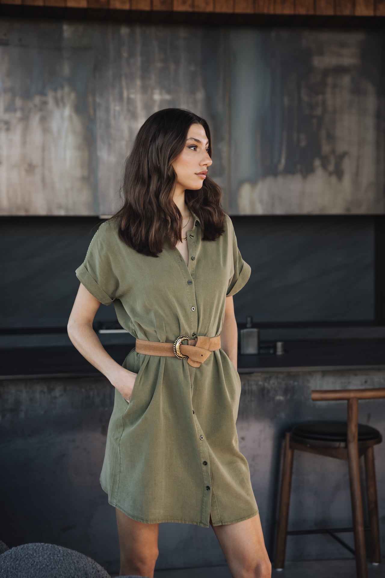 

Vestido camisero Mujer Raffia Plain deep lichen green | Freeman T. Porter