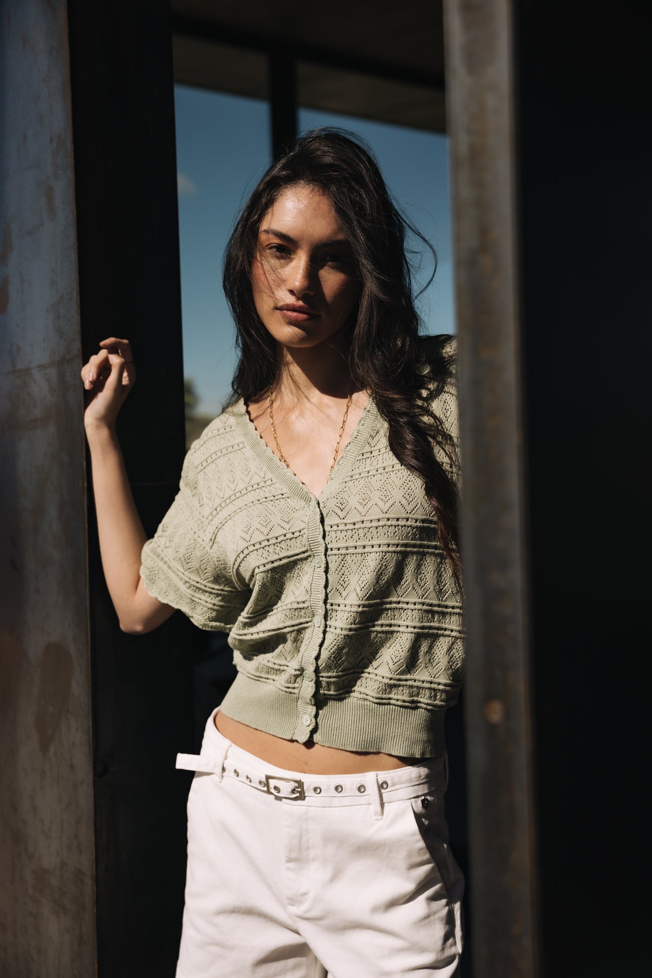 

Strickjacke aus Lochstrick Frau Pradda desert sage | Freeman T. Porter