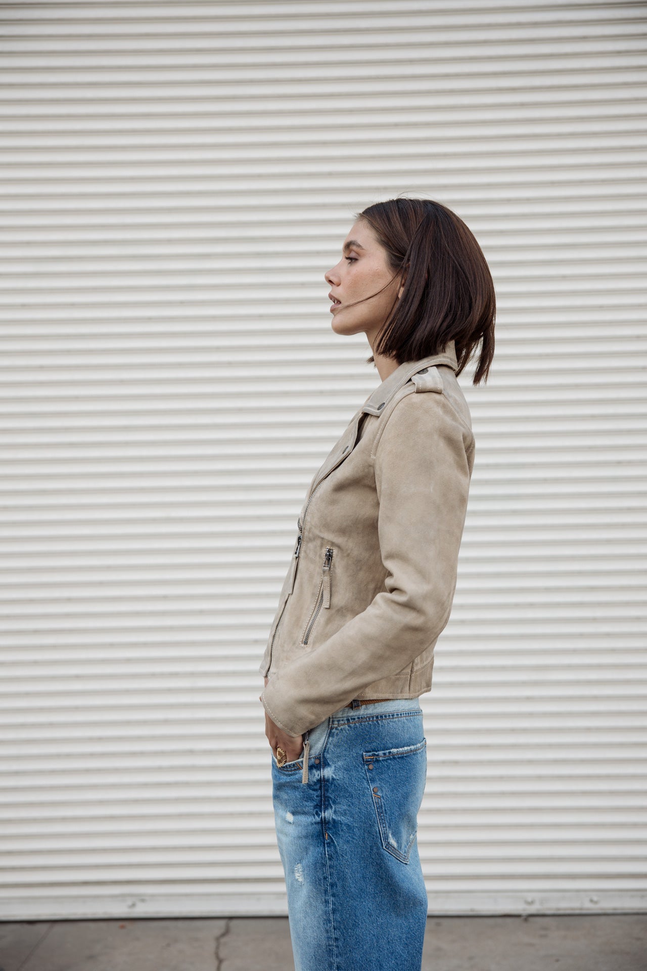 

Perfecto en cuir Femme Kristen Daim dirty beige | Freeman T. Porter